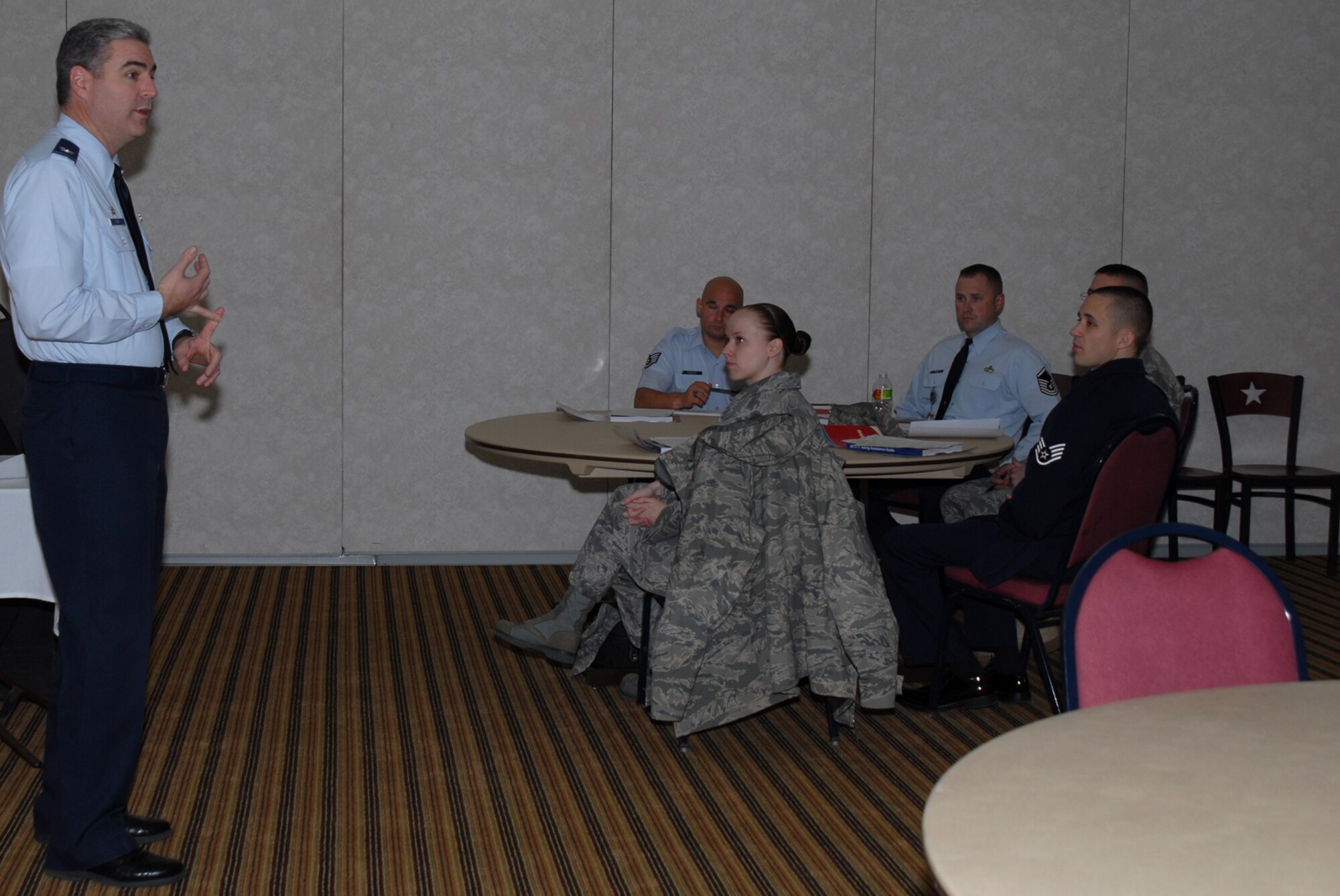 GOODFELLOW AIR FORCE BASE, Texas -- Col. Thomas Geary, 17th Training Wing commander, addresses the voting assistance officers during a kick-off event for the Federal Voting Assistance program, Jan. 25, 2010. The mission of the FVAP is to: inform and educate U.S. citizens worldwide of their right to vote; administer the Uniformed and Overseas Citizens Absentee Voting Act effectively and efficiently; foster voting participation; and, protect the integrity of, and enhance the electoral process at the Federal, state, and local levels. (U.S. Air Force photo/Staff Sgt. Laura R. McFarlane)
