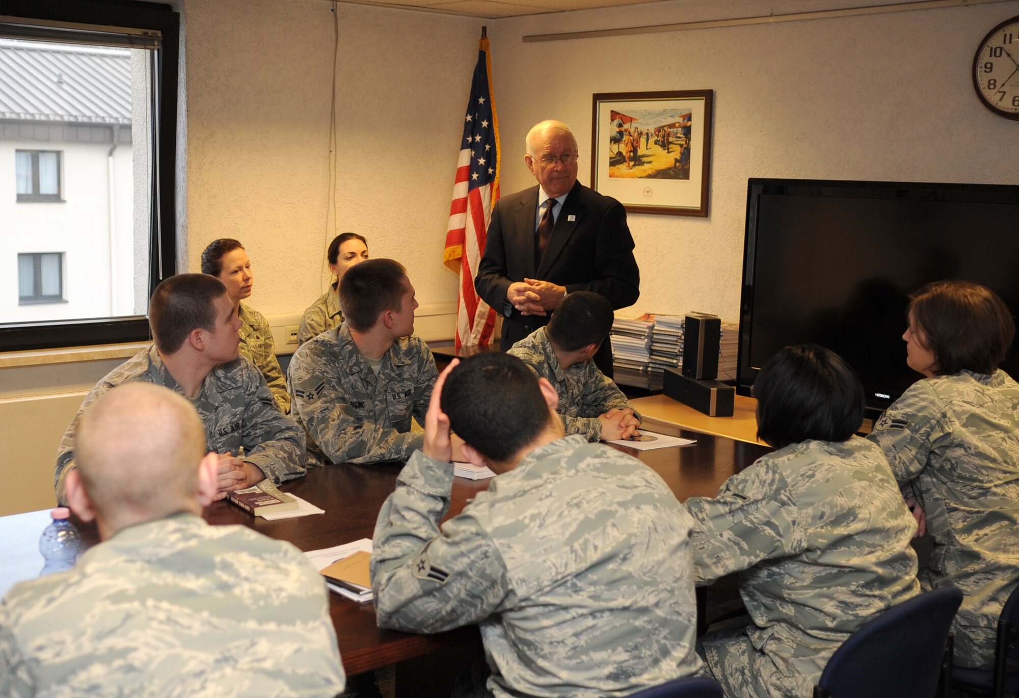 Retired eighth Chief Master Sgt. of the Air Force Sam E. Parish speaks to Airmen at the First Term Airman’s Center about bridging crossroads during their Air Force career, Jan. 22, 2010, Ramstein Air Base, Germany. Although the primary purpose of his visit was to meet with new chiefs and chief selects, Chief Parish also took time to meet with noncommissioned officers and Airmen new to the Air Force. (U.S. Air Force photo by Airman 1st Class Caleb Pierce)