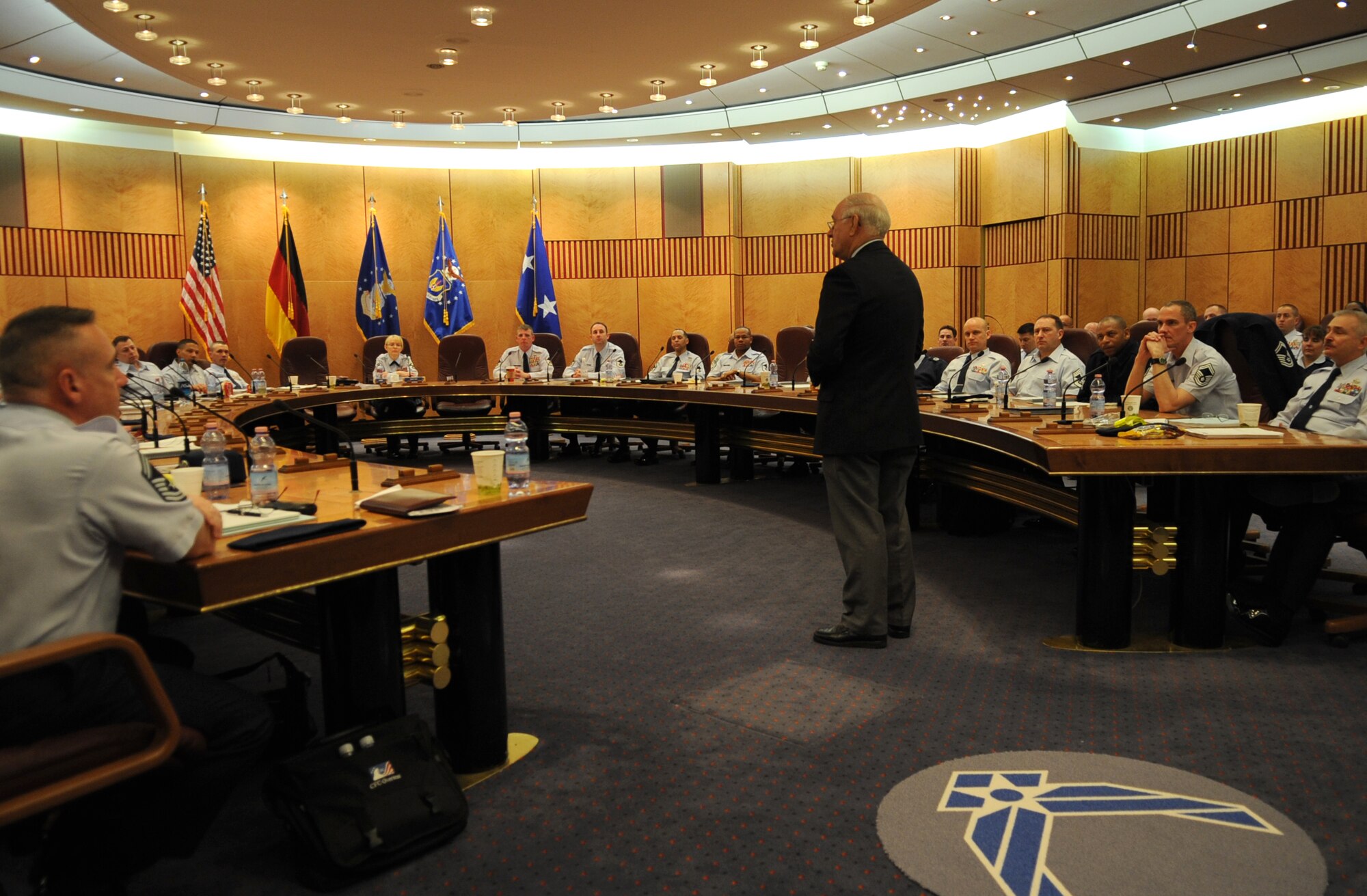 Retired eighth Chief Master Sgt. of the Air Force Sam E. Parish speaks to chief selects from around U.S. Air Forces in Europe about the responsibilities and expectations of being a chief, Jan. 21, 2010, Ramstein Air Base, Germany. Although the primary purpose of his visit was to meet with new chiefs and chief selects, Chief Parish also took time to meet with noncommissioned officers and Airmen new to the Air Force. (U.S. Air Force photo by Airman 1st Class Caleb Pierce)