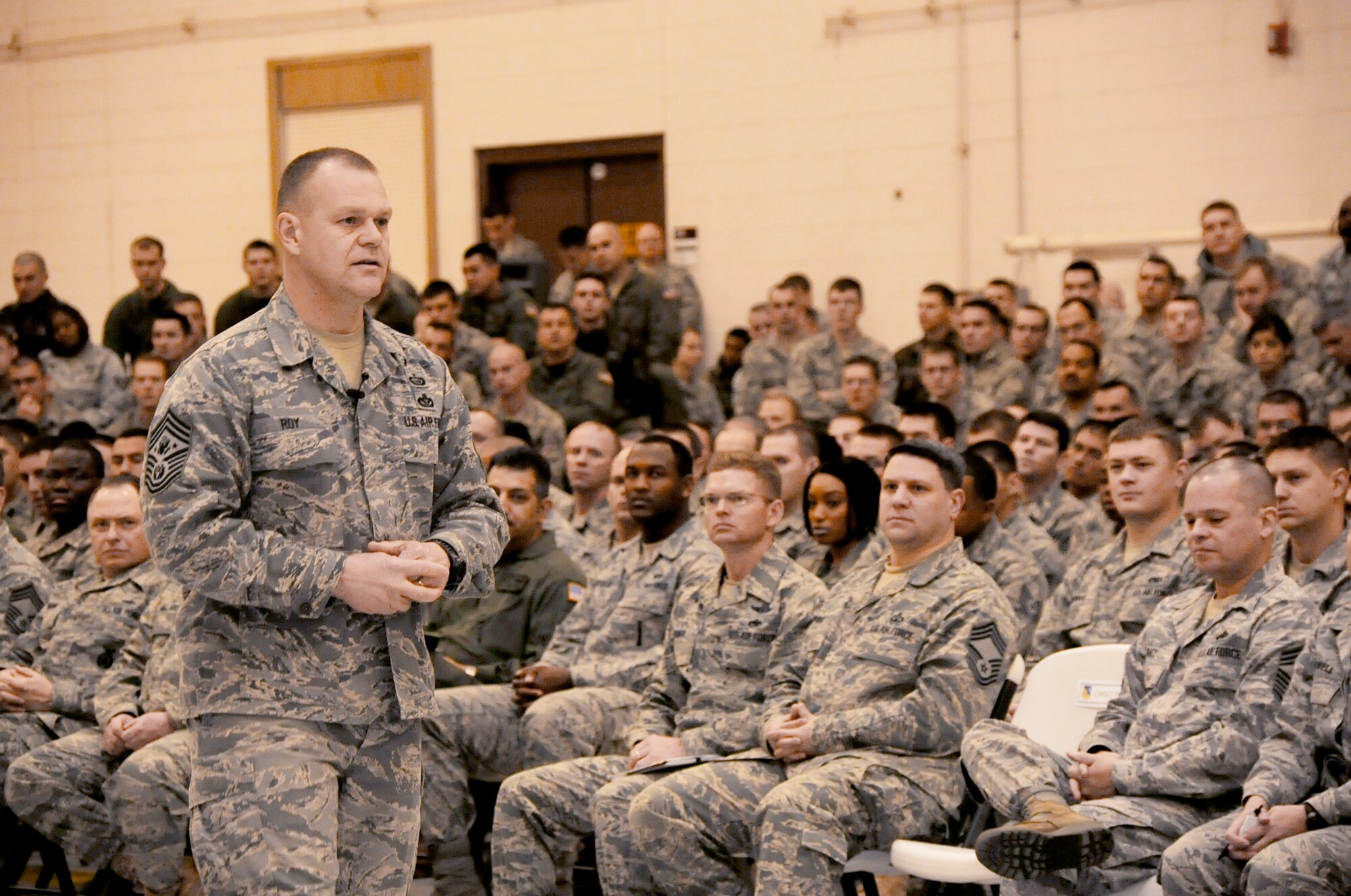 Chief Master Sgt. of the Air Force James A. Roy speaks during an Airmen's call Jan. 20, 2010, at Cannon Air Force Base, N.M. (U.S. Air Force photo/Senior Airman Erik Cardenas)