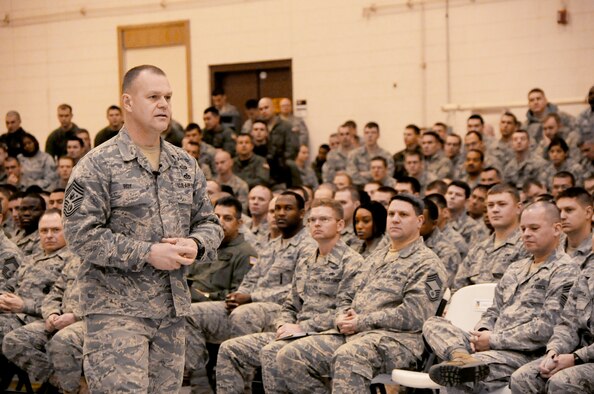 Chief Master Sgt. of the Air Force James A. Roy speaks during an Airmen's call Jan. 20, 2010, at Cannon Air Force Base, N.M. (U.S. Air Force photo/Senior Airman Erik Cardenas)