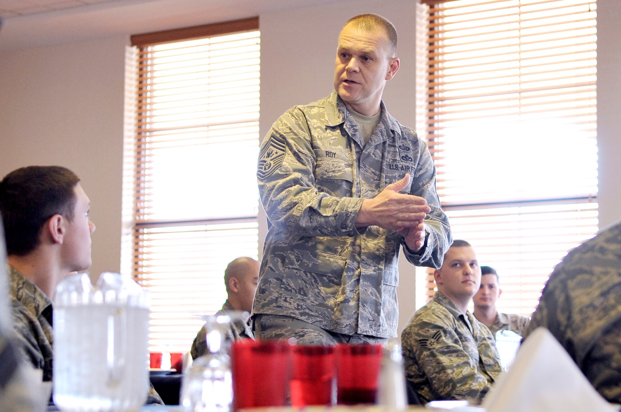 Chief Master Sgt. of the Air Force James A. Roy speaks to Airmen at the First Term Airman's Center and the Airman Leadership School during a luncheon Jan.19, 2010, at Cannon Air Force Base, N.M. The chief discussed the role of today's Airmen and how the Air Force is changing. (U.S. Air Force photo/Staff Sgt. Heather R. Redman)