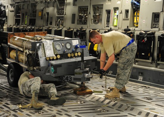 SHAW AIR FORCE BASE, S.C. -- Staff Sgt. Brian Teachout (left) and Staff Sgt. Chris Deibel, 20th Logistics Readiness Squadron air transportation specialists, use chains to secure a nitrogen cart to the floor of a C-17 Jan. 24. The equipment, which belongs to the 77th Fighter Squadron, is headed to Iraq in support of their ongoing deployment. (U.S. Air Force photo/2nd Lt. Tony Richardson)