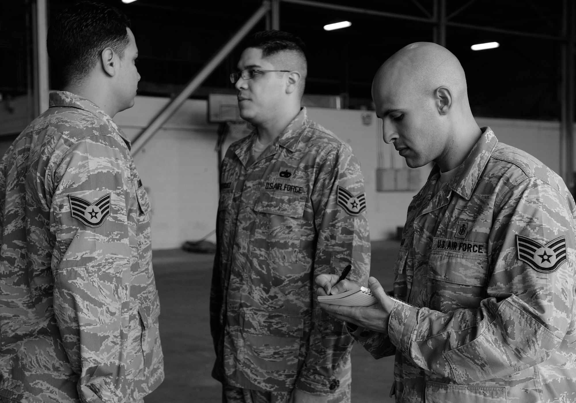 Staff Sgt. Hector Quinones-Santiago, 728th Air Mobility Squadron, stands at attention while Staff Sgts. Ismael Rodriguez, 728th AMS, and Constantine Malek, 39th Medical Support Squadron, inspect his uniform during an Incirlik Honor Guard practice session Tuesday, Jan. 19, 2010 at Incirlik Air Base, Turkey. The team practices at least once a week and encourages Airmen interested in joining to attend a practice session. (U.S. Air Force photo/Senior Airman Alex Martinez)