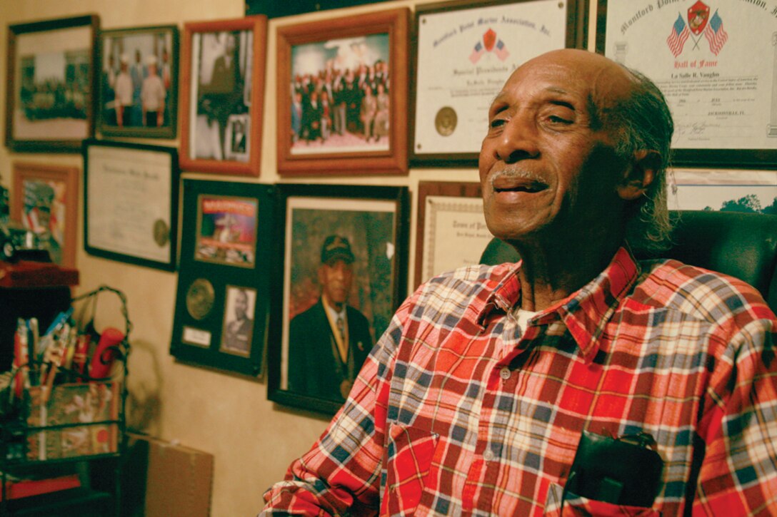 LaSalle Vaughn, who trained in the Marine Corps' first platoon of black recruits at Montford Point, recalls his experiences in a segregated Corps, Jan. 28.