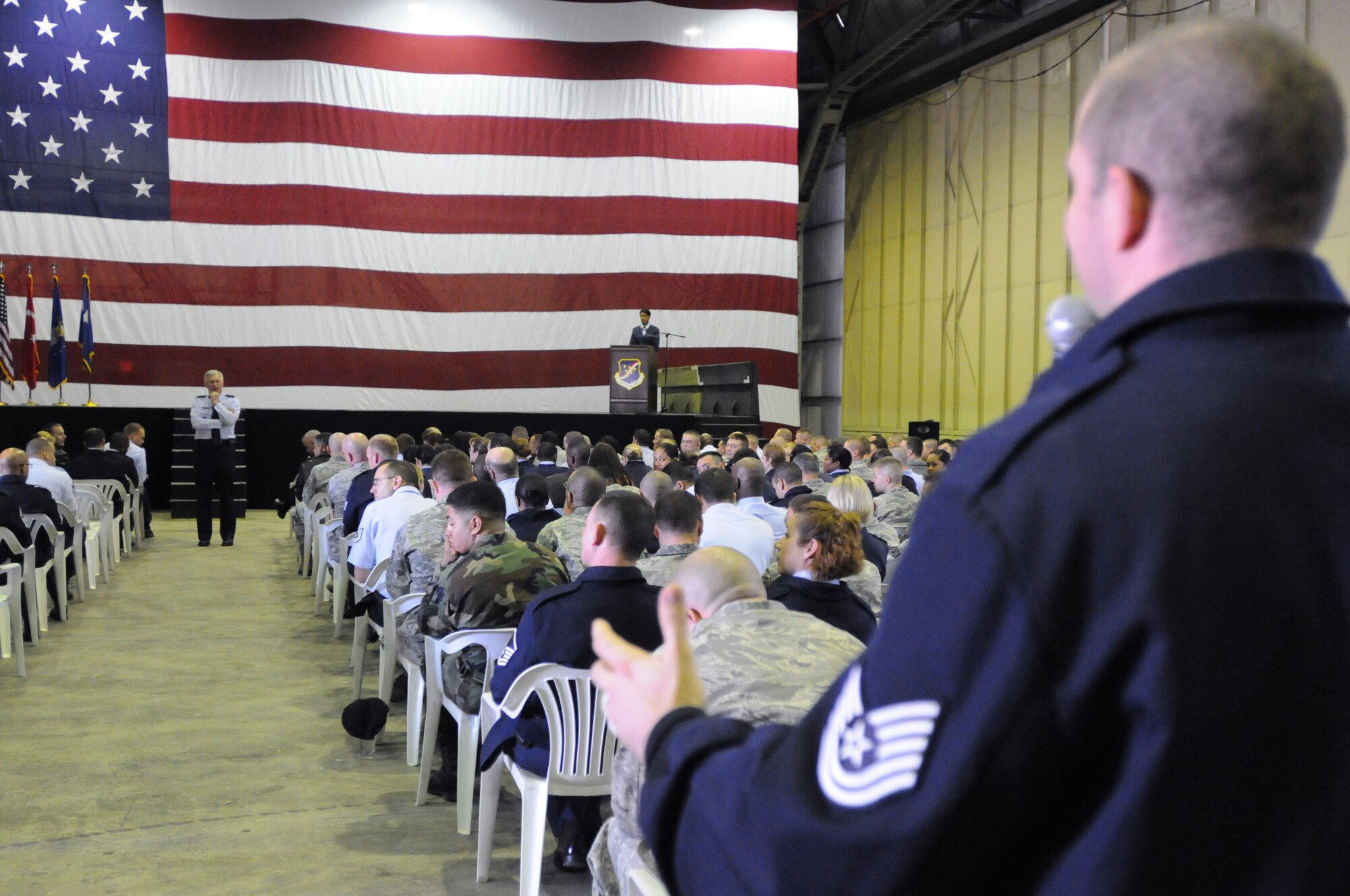 Tech. Sgt. Manolito Carrabis, 39th Civil Engineer Squadron, asks Gen. Roger A. Brady, U.S. Air Forces in Europe commander, a question about training during a commander’s all-call Monday, Jan. 25, 2010 at Incirlik Air Base, Turkey.  General Brady was accompanied during the visit by Chief Master Sgt. Pamela Derrow, USAFE command chief.  (U.S. Air Force photo/Senior Airman Ashley Wood)