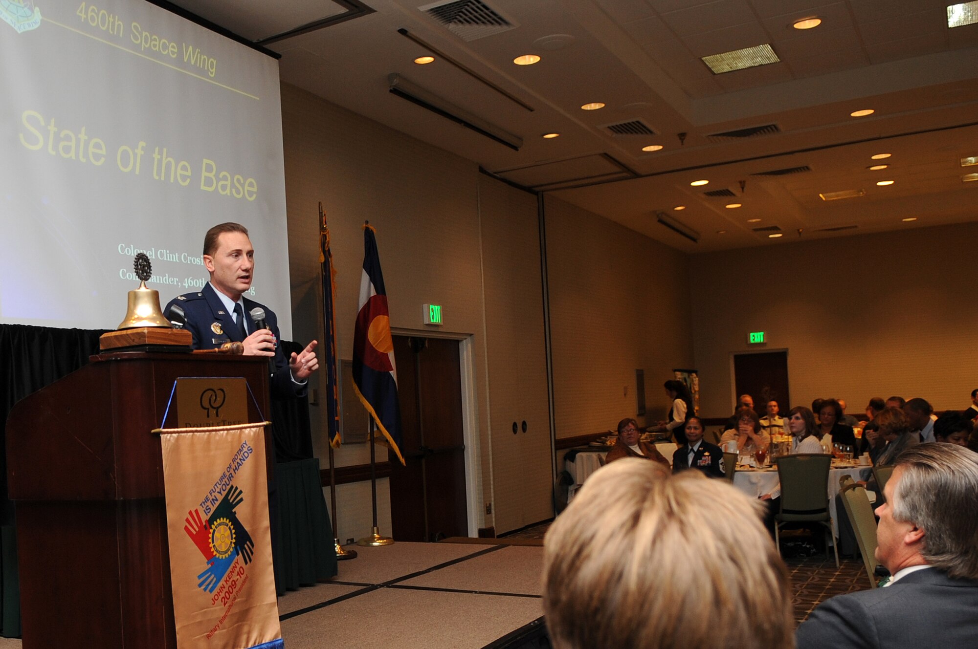 BUCKLEY AIR FORCE BASE, Colo. -- Col. Clint Crosier, 460th Space WIng commander, speaks to the local community during his State of the Base address Jan 13 in Aurora, Colo. (U.S. Air Force Photo by Airman First Class Marcy Glass)





