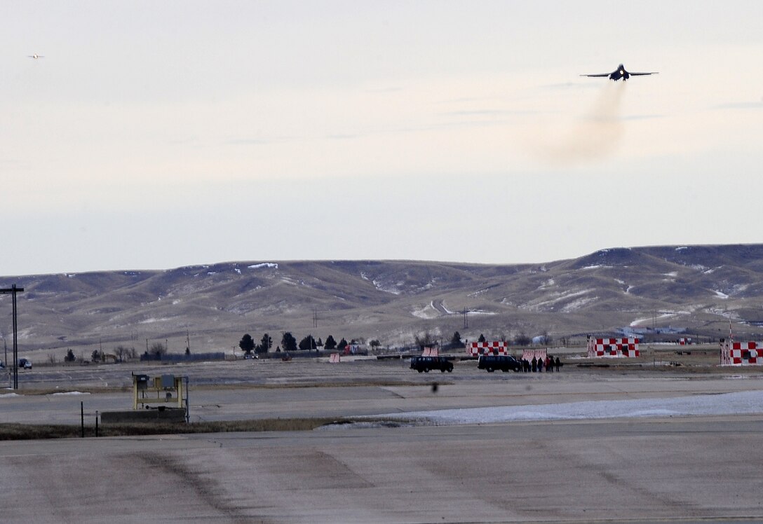 ELLSWORTH AIR FORCE BASE, S.D. -- B-1B Lancers from the 37th Bomb Squadron returned home after a six-month deployment in Southwest Asia, Jan. 26.  Carrying the largest payload of both guided and unguided weapons in the Air Force inventory, the multi-mission B-1 is the backbone of America's long-range bomber force. (U.S. Air Force photo/Airman 1st Class Anthony Sanchelli)
