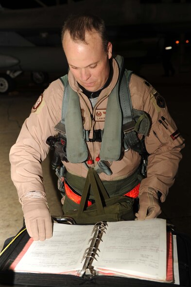 SHAW AIR FORCE BASE, S.C. -- Lieutenant Col. Lance "Cajun" Kildron, 77th Fighter Squadron commander, goes through pre-flight checks before climbing into his F-16 fighter jet Jan. 26. The 77th Fighter Squadron deployed to Iraq in support of Operation Iraqi Freedom and the Global War on Terror. (U.S. Air Force Photo/Senior Airman David Minor)