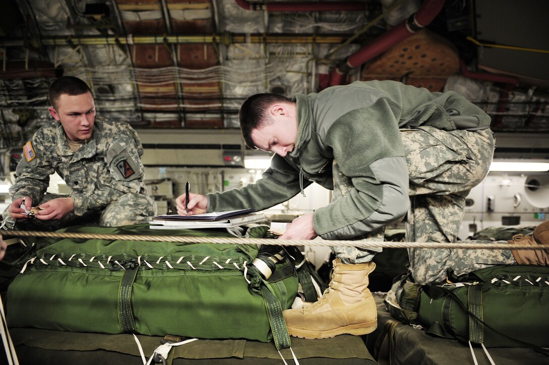 U.S. Army Specialists Jordan Markelwitz (right) and Daniel Rocco review the load plan of a C-17 Globemaster III from Charleston Air Force Base, S.C., before an air delivery mission in support of Operation Unified Response Jan. 21, 2010. The aircrew, assigned to the 15th Airlift Squadron at Charleston AFB, delivered 40 bundles totaling 67,800 pounds of Meals, Ready to Eat and bottled water. The Soldiers are assigned to the 11th Quartermaster, 189th Combat Sustainment Support Brigade at Fort Bragg, N.C. (U.S. Air Force photo/Staff Sgt. Jacob N. Bailey)