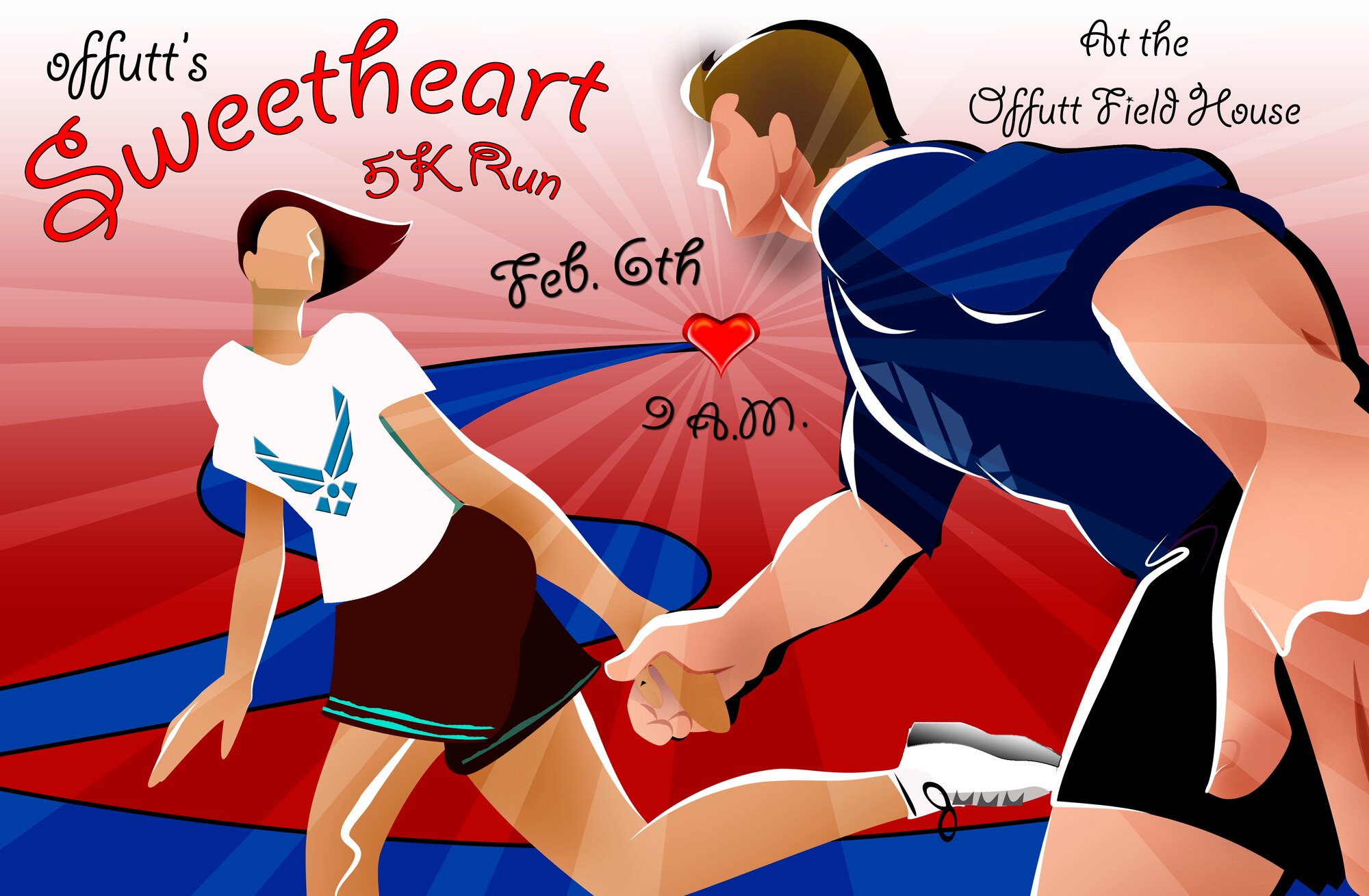 Offutt hosts the Sweetheart 5K Run/Walk at the Offutt Field House Feb. 6 at 9 a.m. The race, open to everyone, costs $10. Members of the Offutt community can register for the race by calling the OFH at 294-5413. The deadline to register is Feb. 3. U.S. Air Force graphic by Jeff Gates