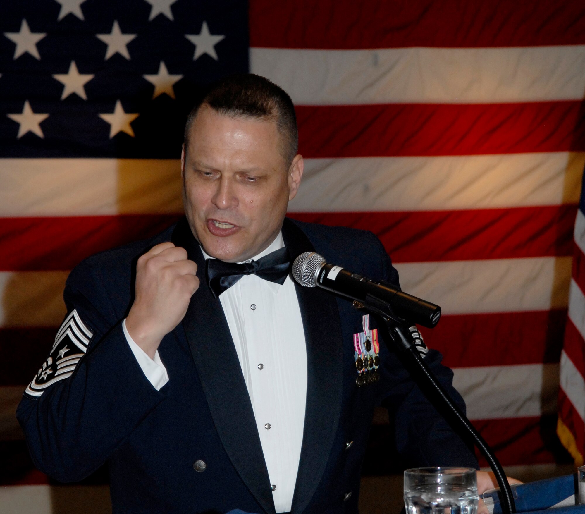VANDENBERG AIR FORCE BASE, Calif. – Chief Master Sgt. James MacKinley, the 14th Air Force command chief, gives helpful advice to the new chief selects during the Chief Recognition Ceremony on Friday, Jan. 22, 2010, at the Pacific Coast Club here. (U.S. Air Force photo/Senior Airman Ashley Reed)