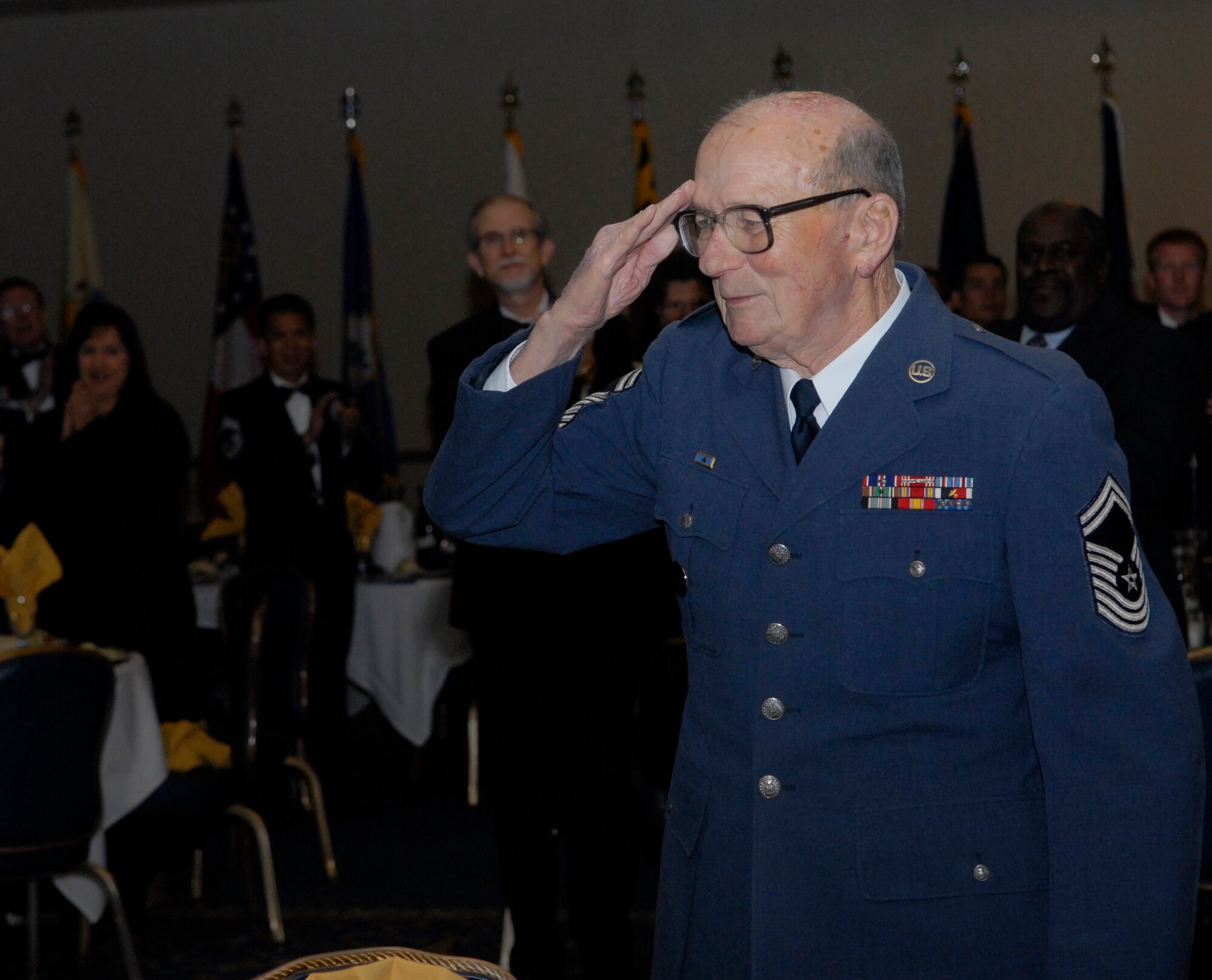 VANDENBERG AIR FORCE BASE, Calif. – Chief Harry Schellhorn is recognized for having served 50 years in the Air Force during the Chief Recognition Ceremony on Friday, Jan. 22, 2010, at the Pacific Coast Club here. (U.S. Air Force photo/Senior Airman Ashley Reed)