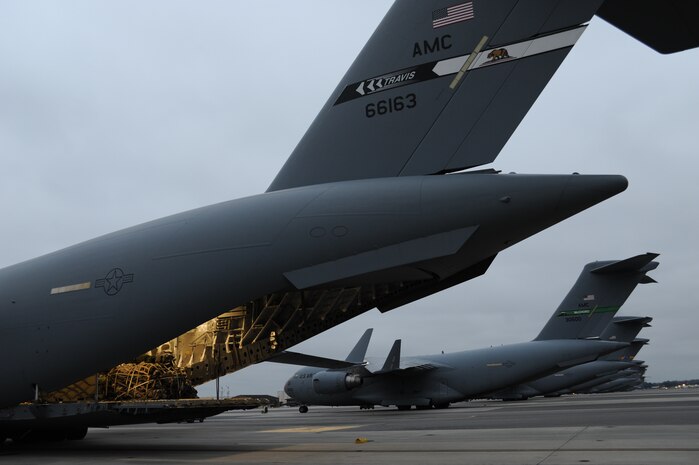 A Travis AFB C-17  sits on the Charleston AFB flightline Jan. 22, 2010. The plane was used to take a large amount of money to Haiti in support of the U.S. Embassy in Port-au-Prince, Haiti. (U.S. Air Force photo/Senior Airman Katie Gieratz)(RELEASED)