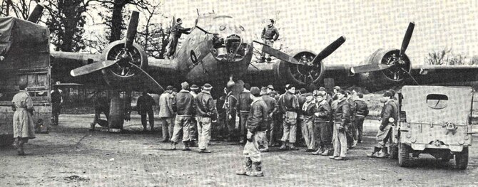 Airmen from the Mighty Eighth stationed in England documented the return of the bombers, such as this B-17 pictured here, that participated in the historic Wilhelmshaven bombing mission. (Photo courtesy of 8th Air Force History Office)