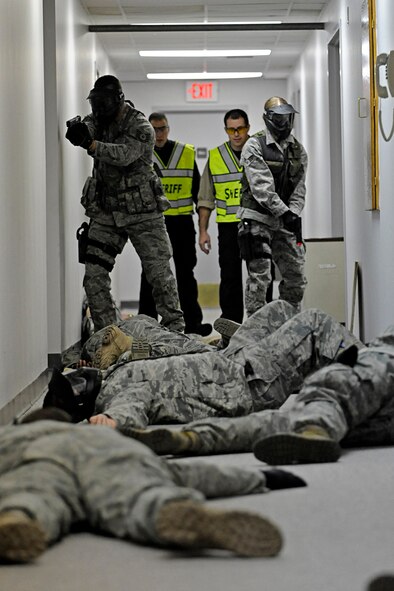 ELLSWORTH AIR FORCE BASE, S.D. – Members of the 28th Security Forces Squadron participate in an armed threat training exercise, Jan. 25. The training was designed to help Airmen understand and develop tactics against various scenarios. (U.S. Air Force photo/Airman 1st Class Matthew Flynn)
