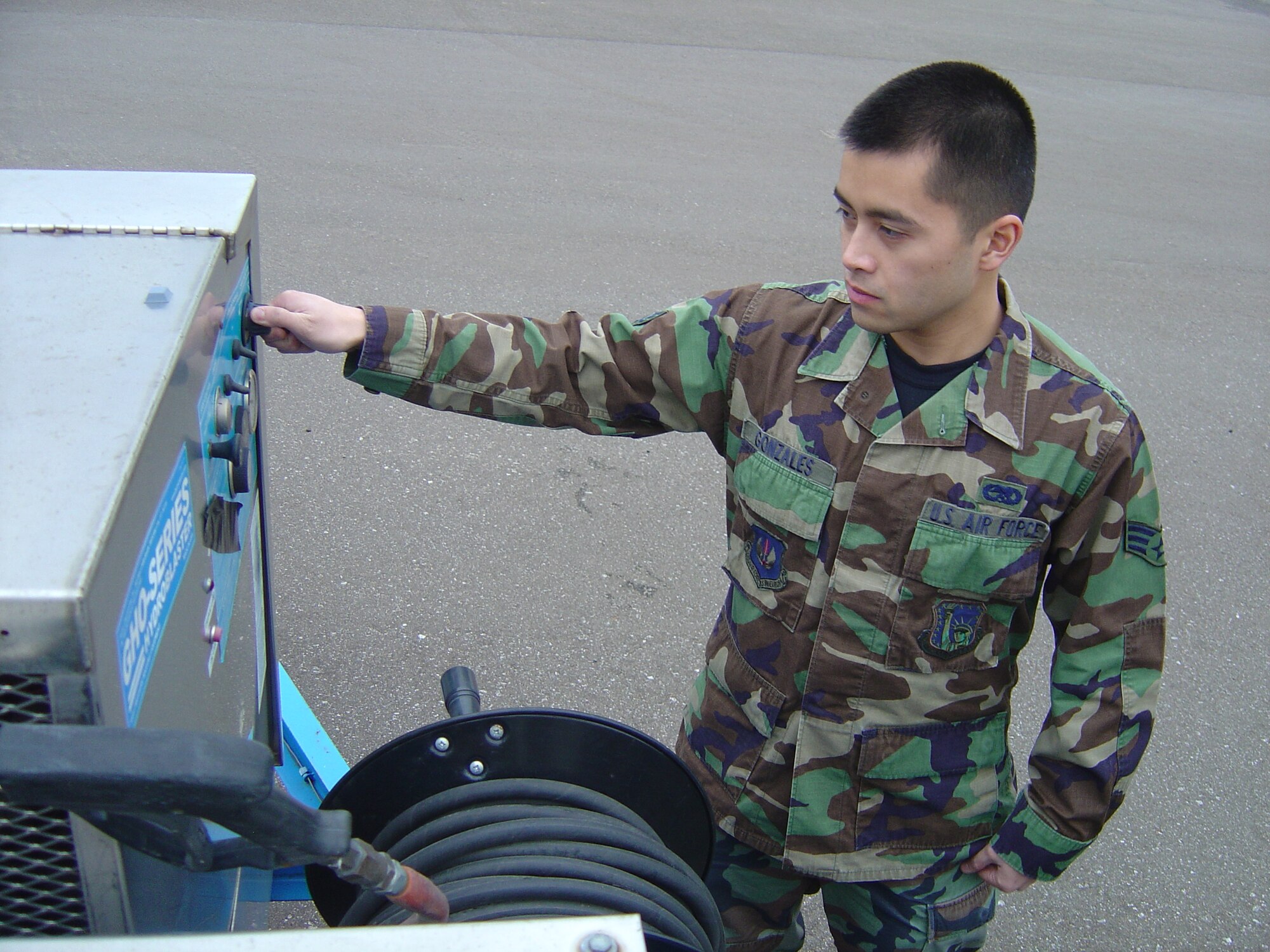 Senior Airman John Gonzales, 748th Aircraft Maintenance Squadron, 56th Aircraft Maintenance Unit crew chief, prepares AGE equipment for operation. Senior Airman Gonzales was nominated for the Liberty Spotlight by his chain of command because of his excellent maintenance support. (U.S. Air Force photo by Staff Sgt. Connor Estes)
