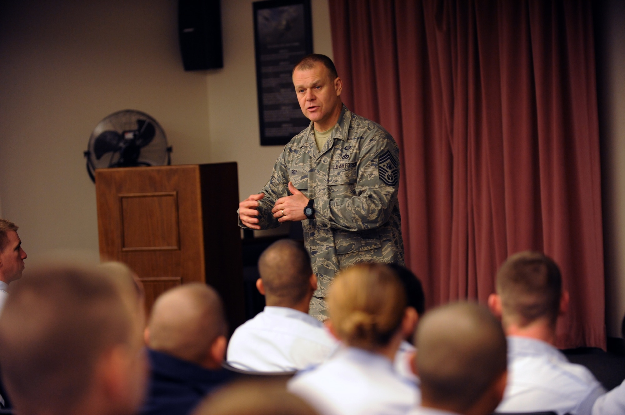 NELLIS AIR FORCE BASE, Nev. -- Chief Master Sgt. of the Air Force James Roy discusses Air Force current events with Airman Leadership School students of class 10-B, Jan. 22. Chief Roy visited the enlisted Airmen assigned to Nellis AFB, Creech AFB, and Fort Irwin. (U.S. Air Force photo by Airman 1st Class Brett Clashman)






















  












 











































  












 
























