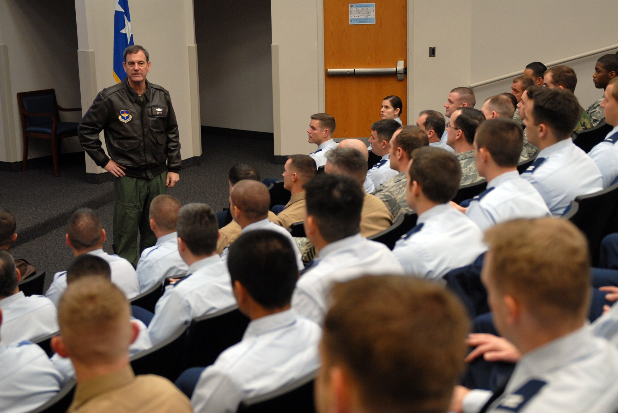 Gen. Stephen R. Lorenz, Air Education and Training Command commander, answers questions from 314th Airlift Wing personnel Jan. 25 at the 62nd Airlift Squadron auditorium. General Lorenz visited Little Rock Air Force Base and addressed the 314th Airlift Wing on its outstanding job training C-130 aircrew. (U. S. Air Force photo by Senior Airman Christine Clark)