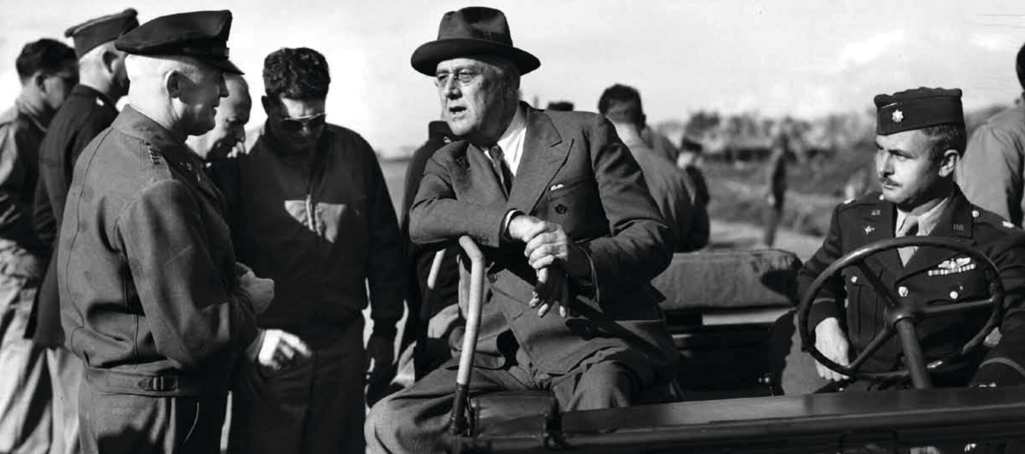 Lt. Col. Clayton Stiles (far right), the 314th Troop Carrier Group commander, escorts President Franklin Roosevelt and Chief of the Army Air Forces, Gen. Henry H."Hap" Arnold in December 1943 during the president’s visit to the 314th at Castelvetrano, Sicily, shortly after the Tehran Conference. (Courtesy photo)