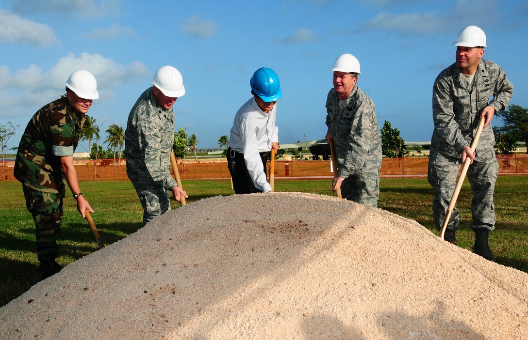 ANDERSEN AIR FORCE BASE, Guam -- Brig. Gen. Phil Ruhlman, 36th Wing
commander, and members of Team Anderson break ground on the Arc Light Blvd.
Realignment project Jan. 22. The construction project will improve traffic
flow and ease of access to on-base facilities.(U.S. Air Force photo by
Airman 1st Class Jeffrey Schultze)
