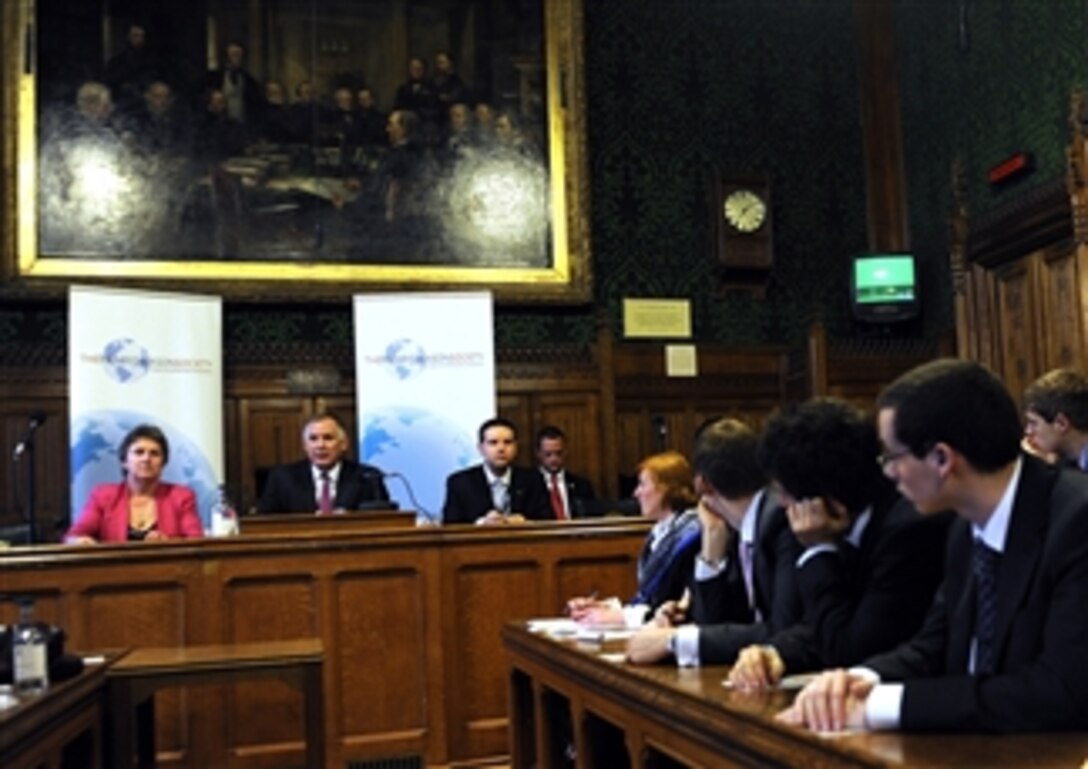 Deputy Secretary of Defense William J. Lynn III gives his remarks to the All Parliamentary Group at the House of Parliament in London, England, on Jan. 25, 2010. Lynn is in the U.K. to strengthen defense cooperation between the U.S. and U.K. and enhance European Defense Institutions.  