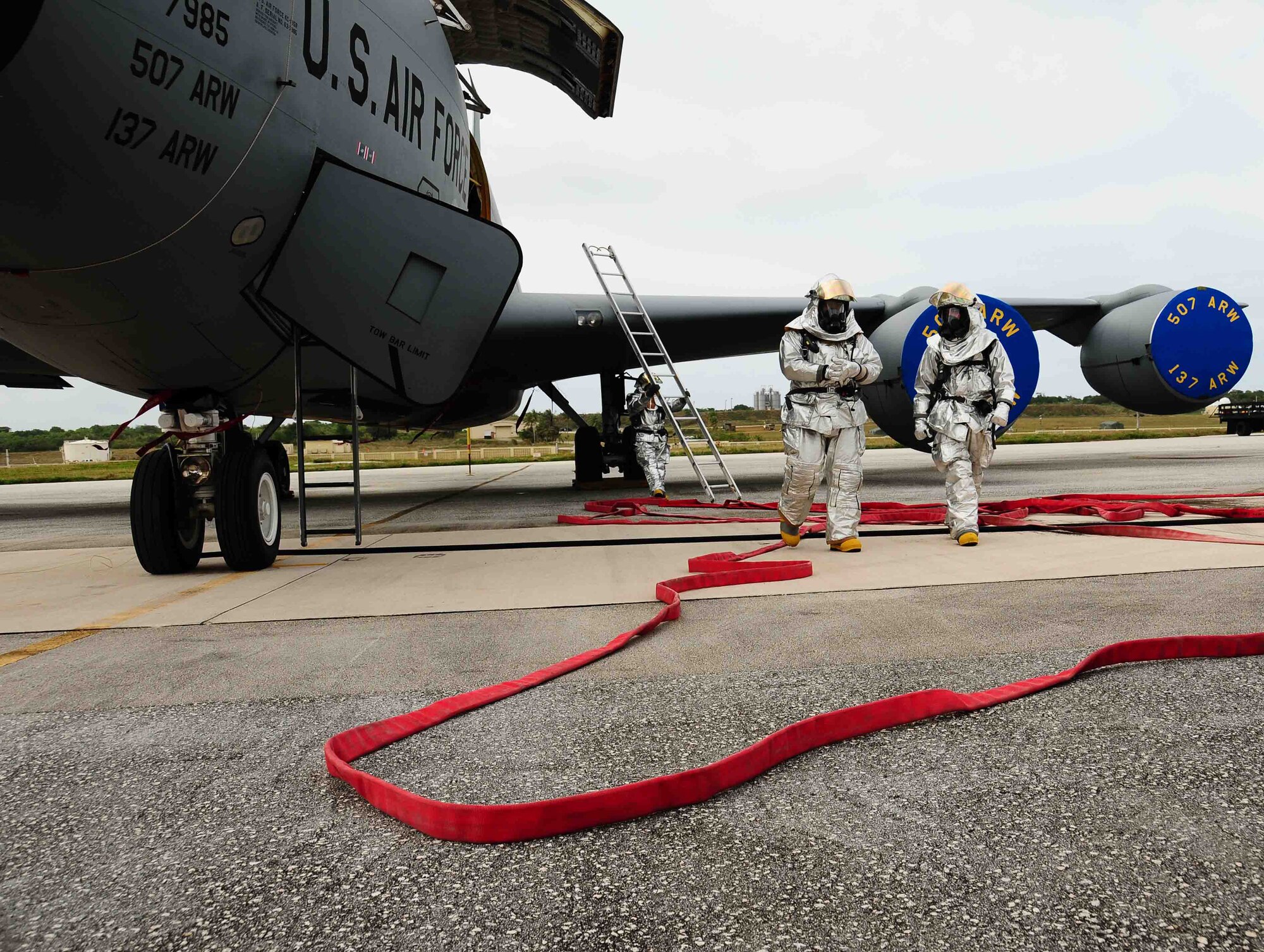ANDERSEN AIR FORCE BASE, Guam - Members of the Andersen Air Force Base Fire and Emergency Team respond to a KC-135 engine fire scenario during the operational readiness exercise Jan. 26. The first responders took action in response to different contingencies throughout the exercise.(U.S. Air Force photo by Airman 1st Class Jeffrey Schultze)