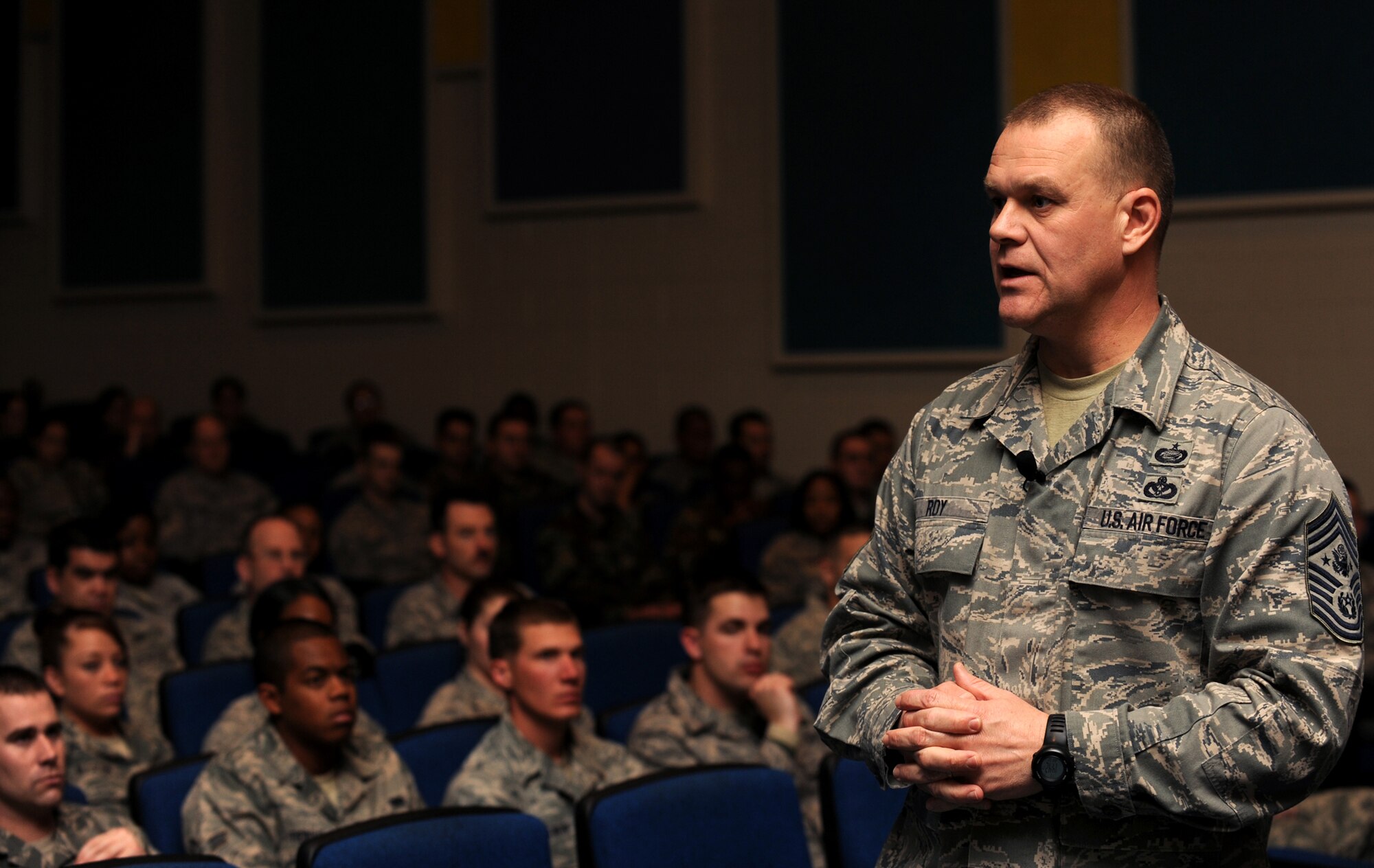 Chief Master Sgt. of the Air Force James A. Roy hosts an enlisted call Jan. 22, 2010, at Nellis Air Force Base, Nev. (U.S. Air Force photo/Airman 1st Class Brett Clashman)