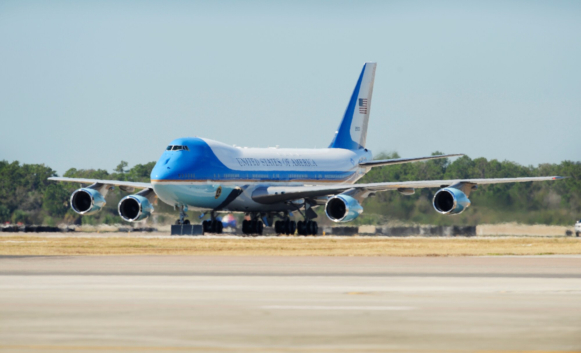Air Force One lands at MacDill Air Force Base, Fla., Jan,. 28, 2010.  President Barack Obama and Vice President Joe Biden landed at MacDill AFB, before conducting a townhall meeting at the University of Tampa.  (U.S. Air Force photo by Senior Airman Rylan Albright/Released)