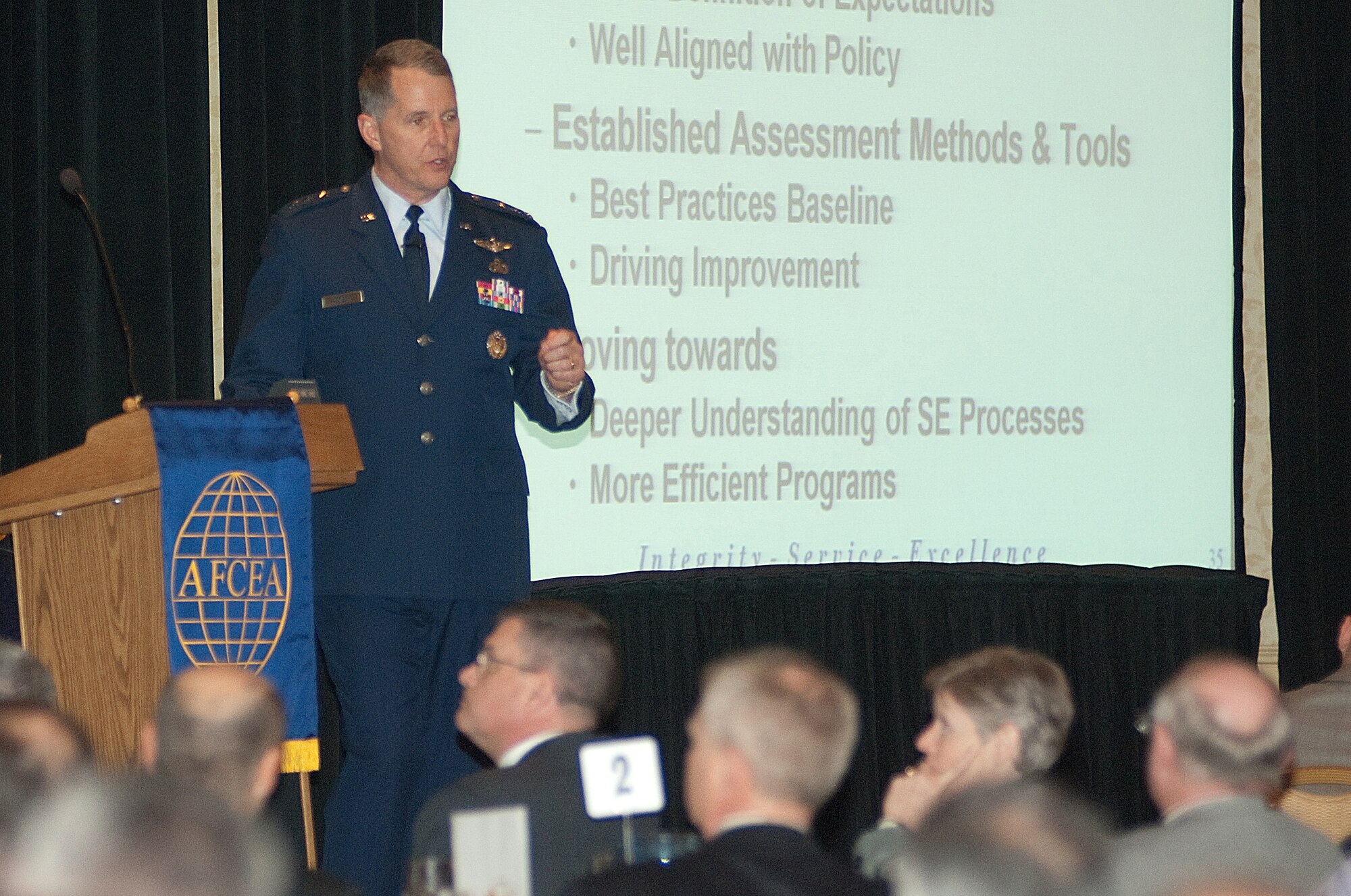 Electronic Systems Center Commander Lt. Gen. Ted Bowlds delivers his annual State of ESC address Jan. 27 at the Newton (Mass.) Marriott Hotel.  He discussed the impending reorganization, released his 2010 Commander’s Intent, rated performance against last year’s objectives and implored ESC employees and industry members to keep pushing for innovation.  (US Air Force Photo by Rick Berry)
