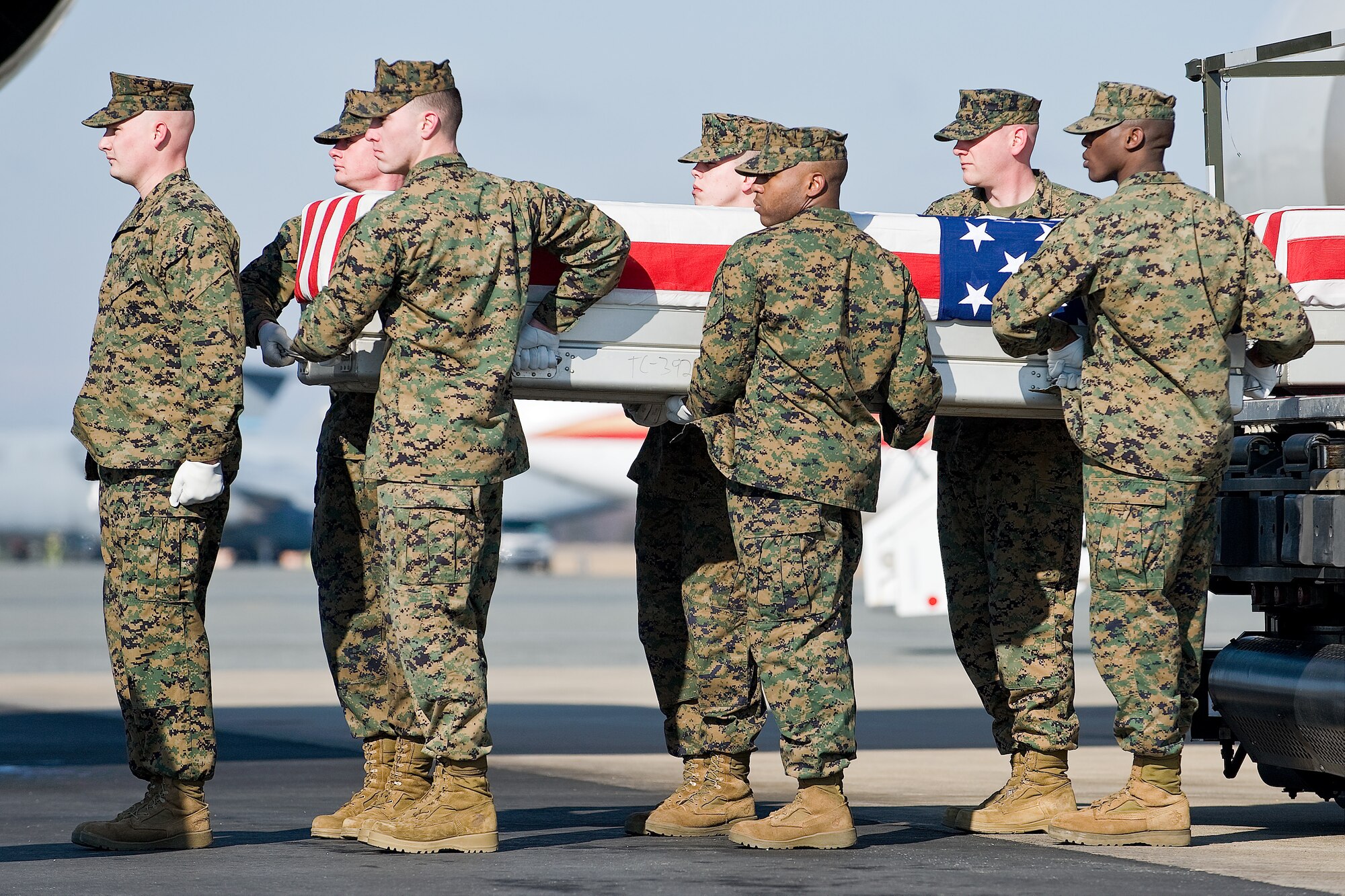 A U.S. Marine Corps team transfers the remains of Marine Corps Sgt. Daniel M. Angus, of Thonotosassa, Fla., at Dover Air Force Base, Del., January 27. Sgt. Angus was assigned to 1st Battalion, 6th Marine Regiment, 2nd Marine Division, II Marine Expeditionary Force, Camp Lejeune, N.C. (U.S. Air Force photo/Roland Balik)