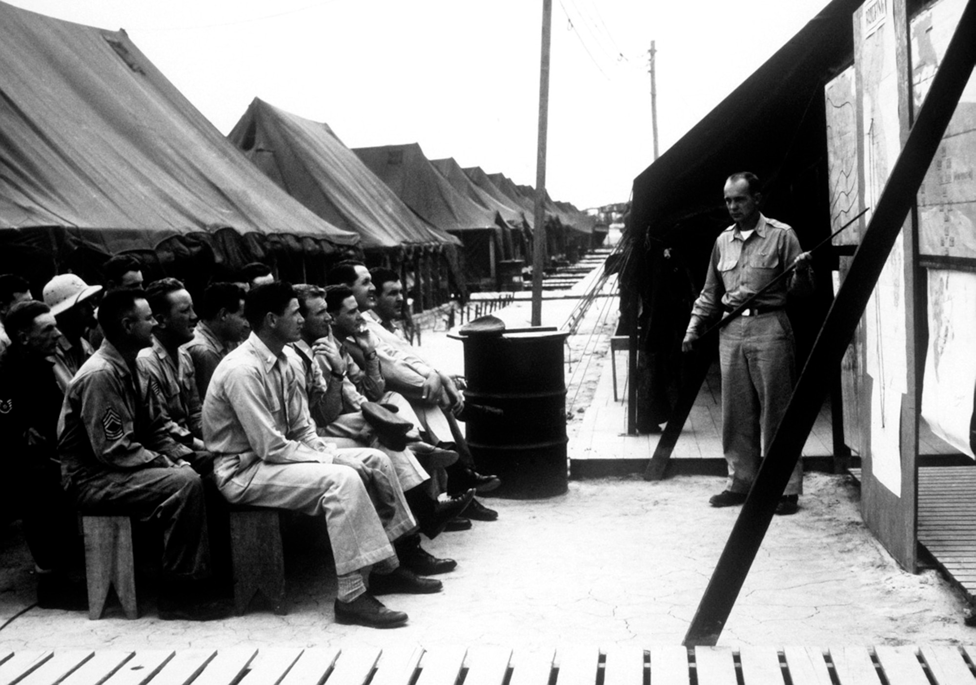 B-29 Superfortress crewmembers from the 22nd Wing attend a pre-flight mission brief at their deployed location in Okinawa, Japan. (Courtesy photo) 