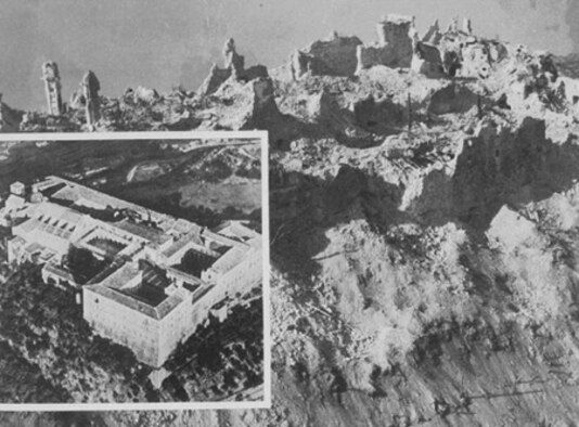 A photo depicting the historical abbey before and after the U.S. Army Air Forces attack shows the total devastation. Monte Cassino was, in the minds of Allied military commanders, an unfortunate but legitimate target.  The historical site was actually built in 529 A.D. on ancient Roman ruins originally dedicated to Apollo.  After the Allied bombing, the enemy forces used the rubble as fortifications and made the capture of Monte Cassino more difficult. (Courtesy photo)