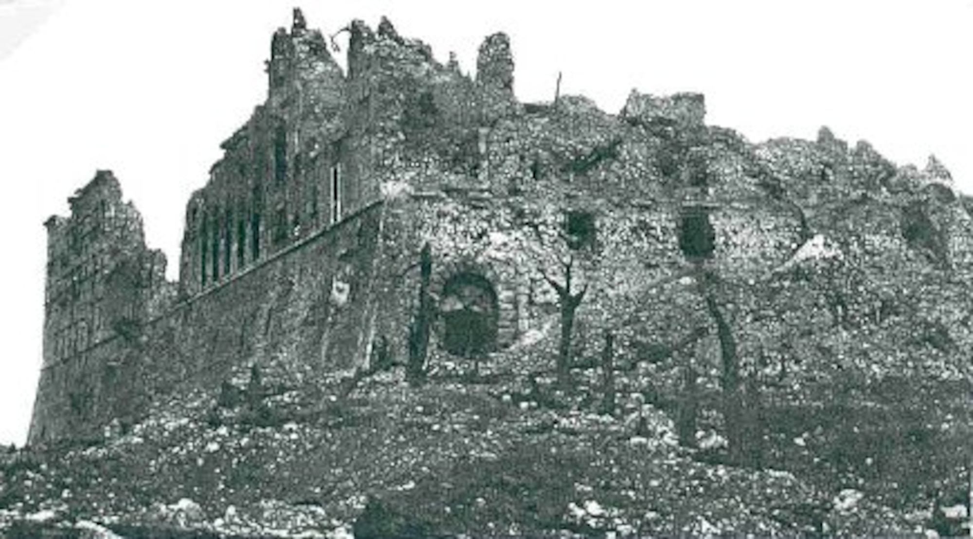 Ruins are all that’s left of the abbey at Monte Cassino in Italy after the aerial bombardment by B-17s from the 2nd Bomb Wing. The abbey was deemed a legitimate target due to military necessity during the battle, which lasted several months.  The German commander denied his forces were using the historical monastery for military purposes.  Historians and investigators later concluded he was, in fact, correct.  The official record was corrected by the Office of the Chief of Military History in 1969.   (Courtesy photo)