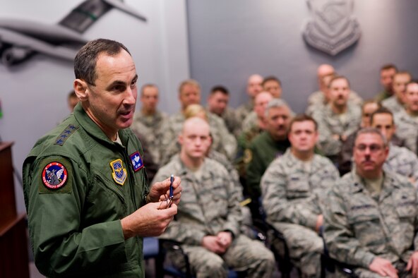 Gen. Raymond E. Johns, Jr., commander of Air Mobility Command, fields questions from reservists during a visit to the 446th Airlift Wing headquarters building Saturday. (U.S. Air Force Photo/Abner Guzman) 