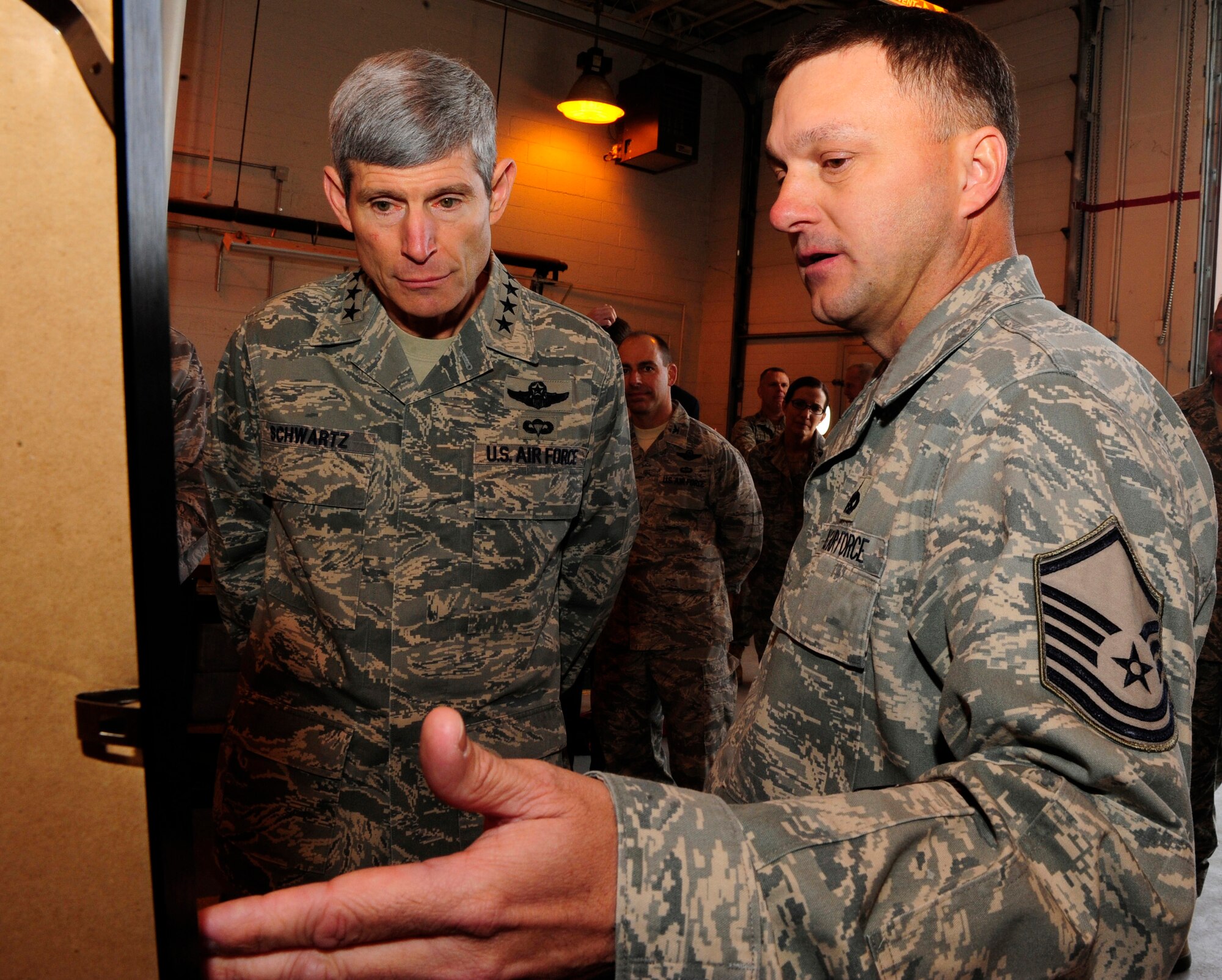 HOLLOMAN AIR FORCE BASE, N.M. -- Air Force Chief of Staff Gen. Norton Schwartz is briefed on the remote piloted aircraft facility plan by Master Sgt. Ernest Penton, 49th Aircraft Maintenance Squadron, Jan. 27. General Schwartz visited Holloman to see Airmen and operations first-hand. (U.S. Air Force photo by Senior Airman Tiffany Trojca)