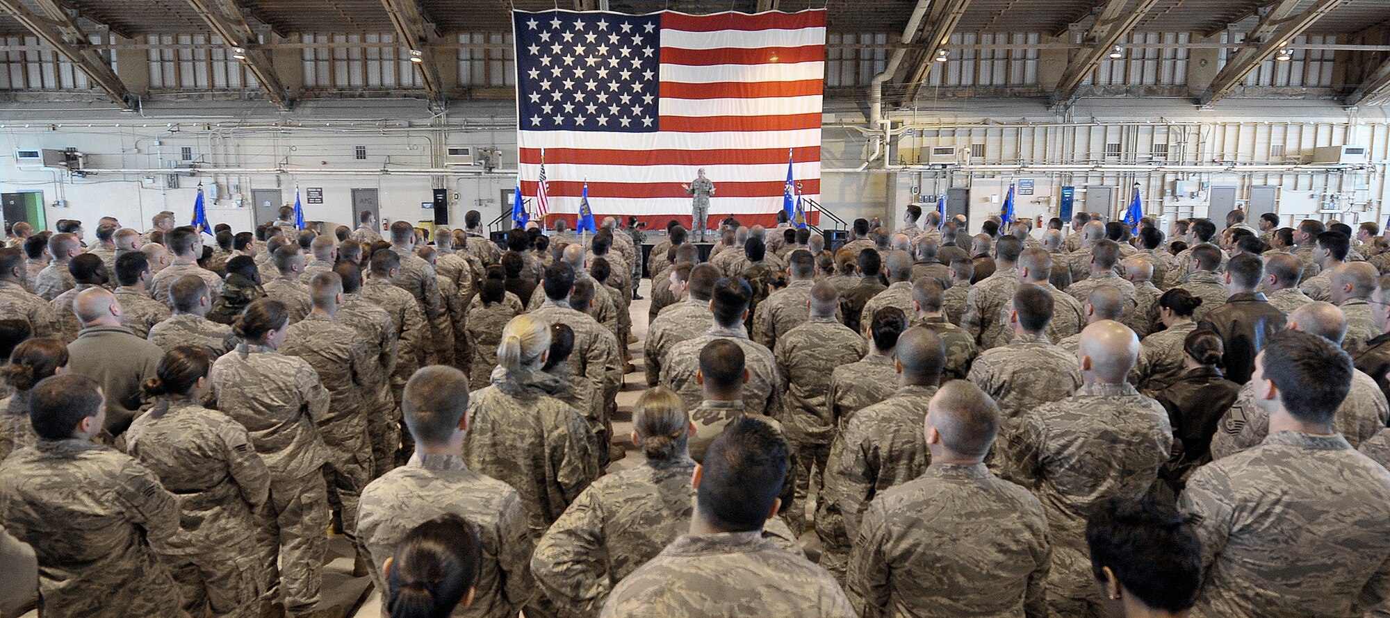HOLLOMAN AIR FORCE BASE, N.M. -- Air Force Chief of Staff Gen. Norton Schwartz speaks to Holloman Airmen at an All Call, Jan. 27. General Schwartz addressed current issues such as deployment rates and family housing during his tour of the base. (U.S. Air Force photo by Tech. Sgt. Chris Flahive)