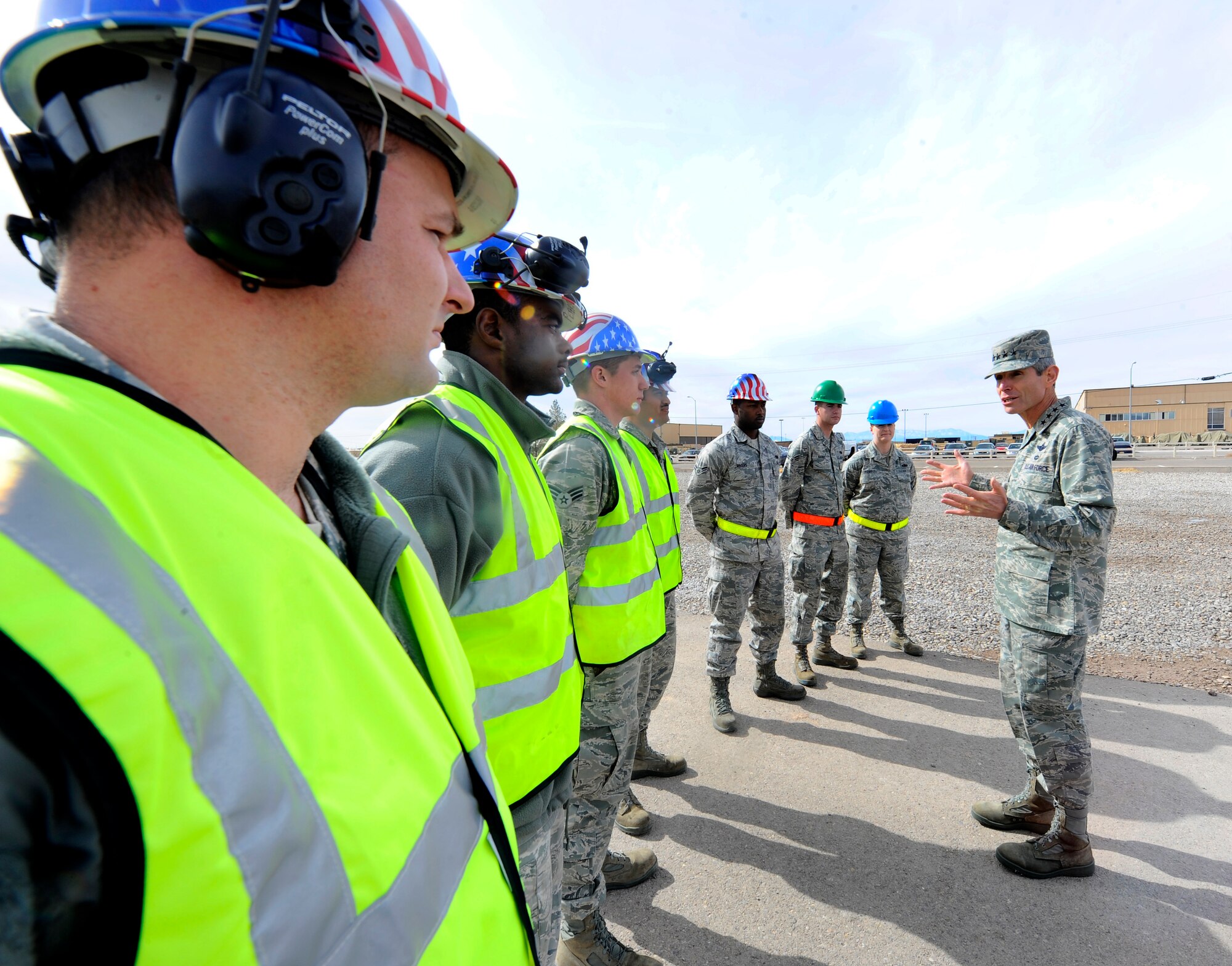 HOLLOMAN AIR FORCE BASE, N.M. -- Air Force Chief of Staff Gen. Norton Schwartz speaks with Airmen of the 49th Material Maintenance Group during his visit to the 49th Materiel Maintenance Group's Basic Expeditionary Airfield Resources Base, Jan. 27. General Schwartz visited Holloman to see Airmen and operations first-hand. (U.S. Air Force photo by Airman 1st Class Veronica Stamps)