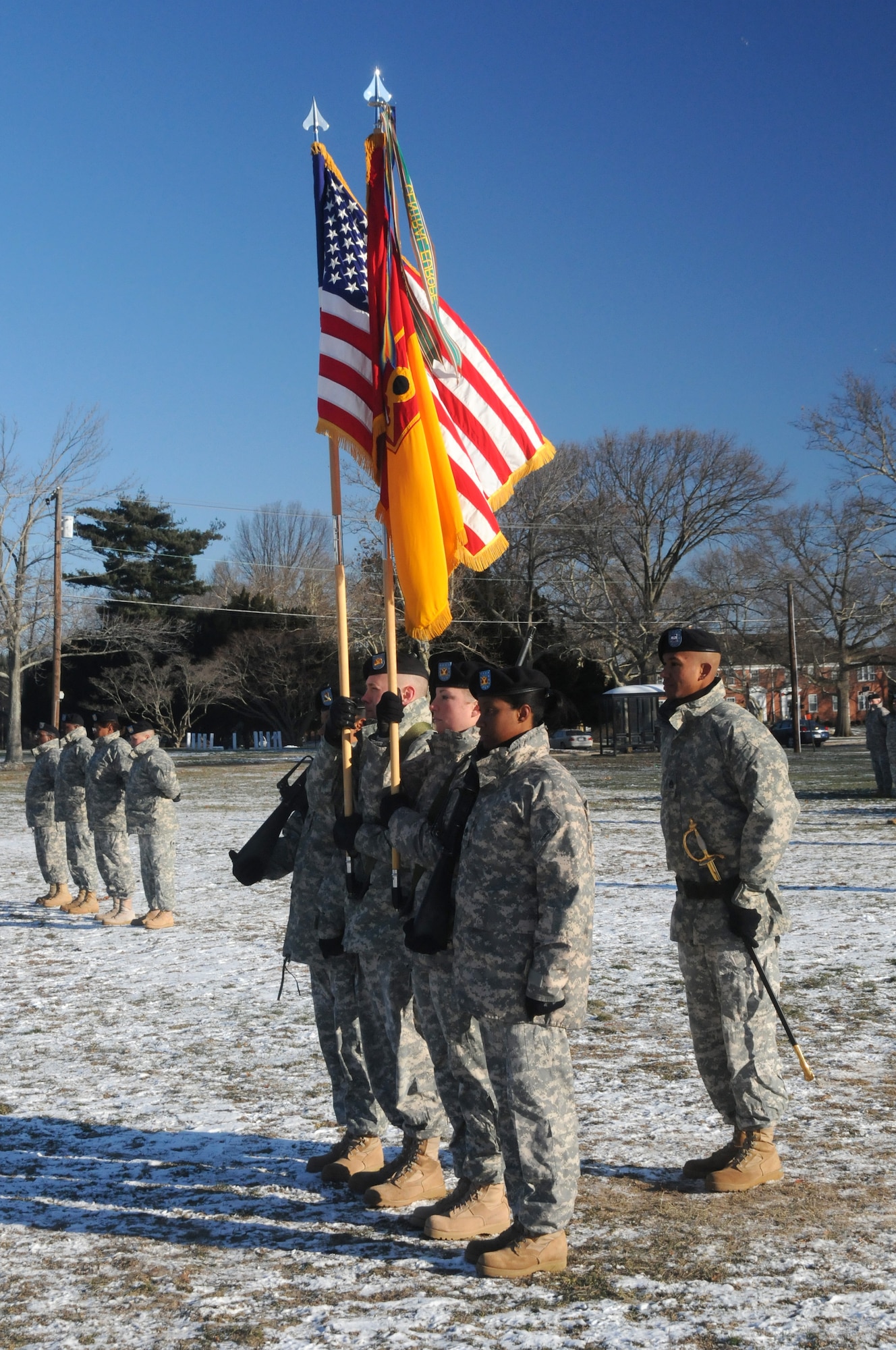 Sgt. Melissa Wong, Sgt. 1st Class Scott Arispe, Staff Sgt. April Cashdollar, Staff Sgt. Nekeisha Dennis and Staff Sgt. Guelmy Gloss serve as color guard for a change-of-responsibility ceremony at Joint Base McGuire-Dix-Lakehurst on Jan. 9. All four are with the 72nd Field Artillery Brigade. (U.S. Army Photo by SSG Daniel Yarnall)
