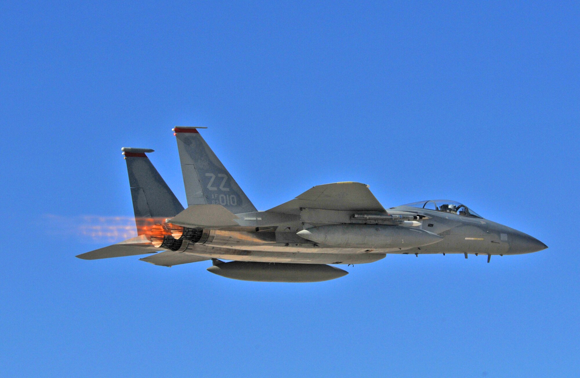 An F-15 Eagle from Kadena Air Base, Japan, takes off during Red Flag Oct. 22, 2009, at Nellis Air Force Base, Nev. Twelve F-15s from the 44th Fighter Squadron, along with 160 maintenance and support personnel are attending Red Flag Nellis AFB from Jan. 18 through Feb. 5, 2010. (U.S. Air Force photo/Chief Master Sgt. Gary Emery)