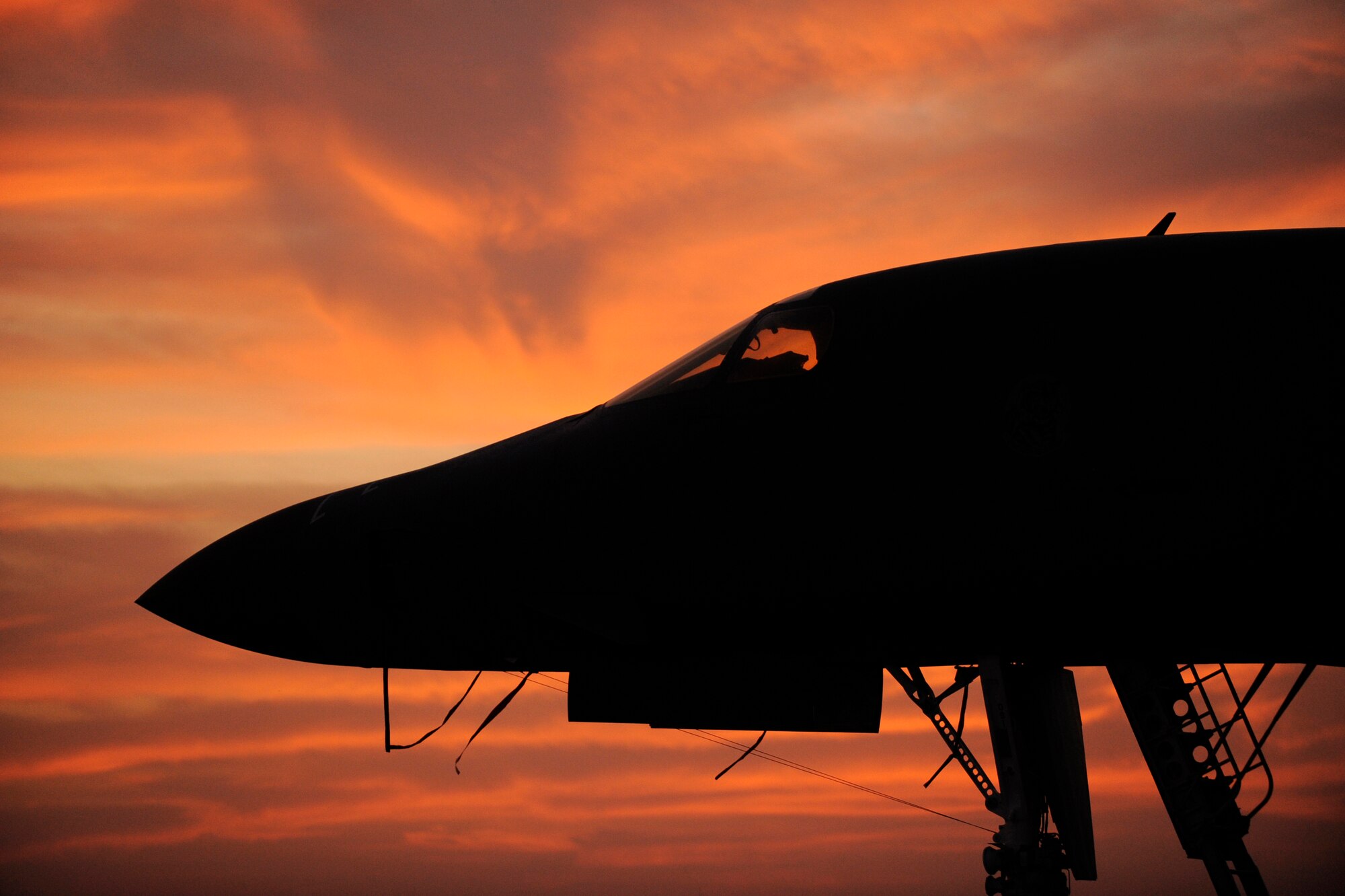 Silhouette of a B-1B Lancer assigned to the 37th Expeditionary Bomb Squadron Jan. 23, 2010, on a flightline in Southwest Asia. The 37th EBS is being replaced by the 34th EBS, both squadrons are from Ellsworth Air Force Base, S.D. (U.S. Air Force photo/Staff Sgt. Manuel J. Martinez\Released)