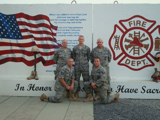 Five members of the 139th Airlift Wing Fire Department on deployment posed for a picture last year. In back from left are Staff Sgt. Nathaniel Stitt, Senior Airmen Bryant Hall and Master Sgt. David Jean. In front are Tech. Sgt. Michael Geeting, left, and Tech. Sgt. Kyle Clark.