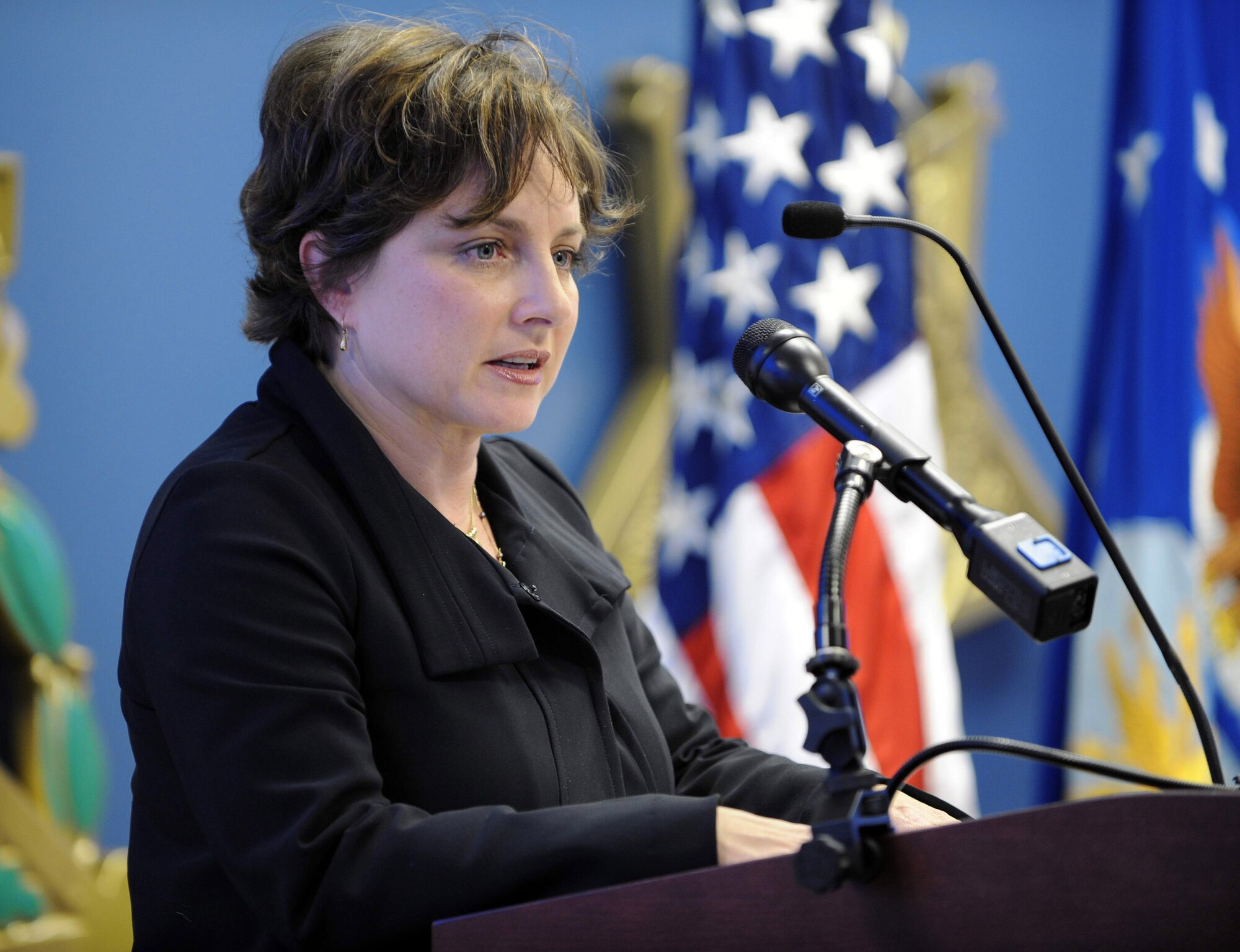 Nancy Berglass addresses the audience at a ceremony to present her the Zachary and Elizabeth Fisher Distinguished Civilian Humanitarian Award at the Pentagon's Hall of Heroes Jan. 28, 2010, in Washington, D.C. The multidepartmental award was established in 1996 and is presented to those exemplifying personal qualities of patriotism, generosity, and selfless dedication to improving the quality of life of members of the armed forces of the United States. Ms. Berglass serves as lead consultant with the California Community Foundation's Iraq/Afghanistan Deployment Impact Fund. She is credited with distributing more than $245 million to 46 non-profit organizations that provide support services and programs to military members returning from Iraq and Afghanistan and their families. Her efforts through IADIF included providing $2.2 million to assist in creating the Intrepid Center, rehabilitation and training facility at Brooke Army Medical Center in San Antonio for amputee and burn patients. (U.S. Air Force photo/Jim Varhegyi)