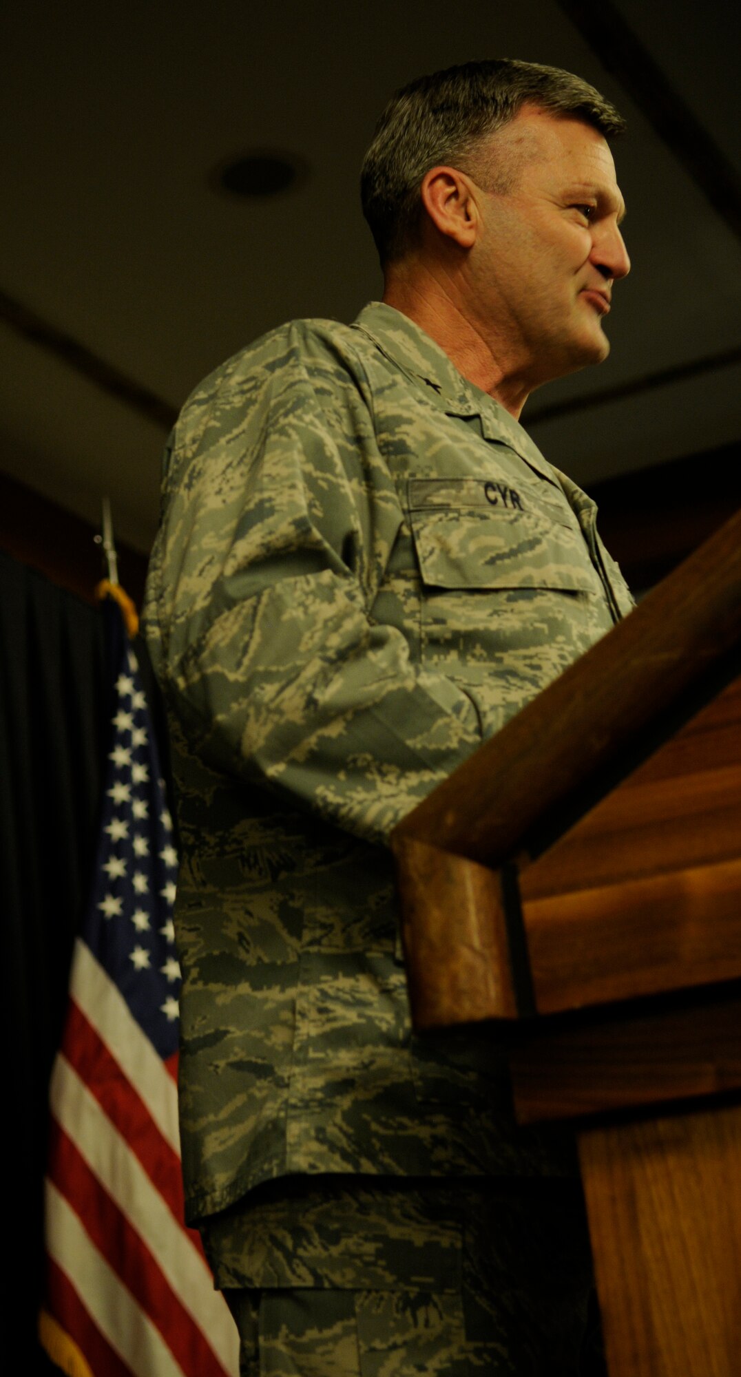 U.S. Air Force Brig. Gen. David H. Cyr, Deputy Chief of Chaplain, speaks to those in attendance at the 86th Airlift Wing National Prayer Luncheon on Ramstein Air Base, Germany, Jan. 28, 2010. The first United States Government prayer breakfast groups were initiated in 1942 in the Senate and House of Representatives.  Since then, those groups have continued their weekly meetings to discuss individual daily spiritual needs and the dependency of our country on God.(U.S. Air Force photo by Airman Desiree Esposito)