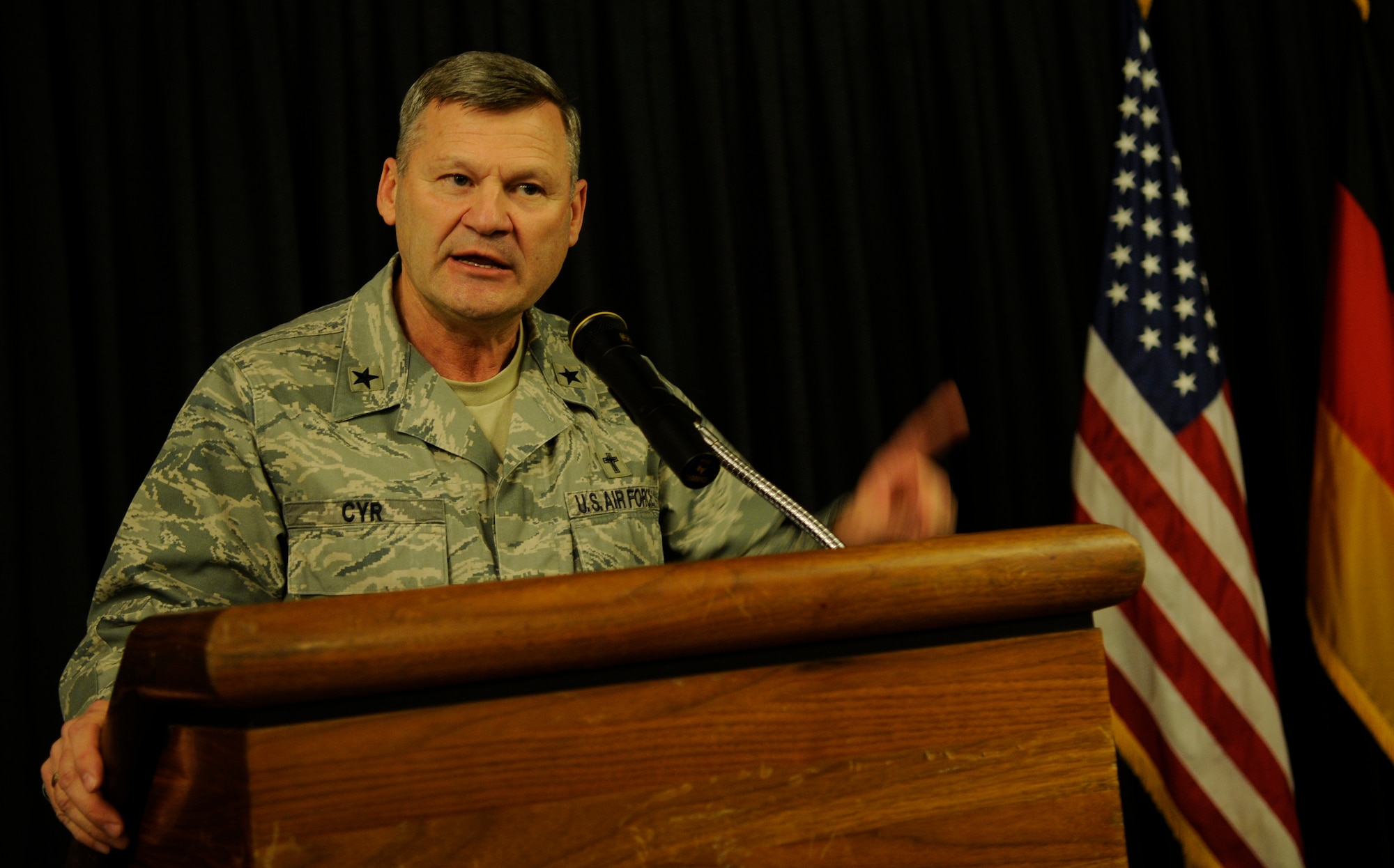 U.S. Air Force Brig. Gen. David H. Cyr, Deputy Chief of Chaplain, speaks to those in attendance at the 86th Airlift Wing National Prayer Luncheon on Ramstein Air Base, Germany, Jan. 28, 2010. The first United States Government prayer breakfast groups were initiated in 1942 in the Senate and House of Representatives.  Since then, those groups have continued their weekly meetings to discuss individual daily spiritual needs and the dependency of our country on God.(U.S. Air Force photo by Airman Desiree Esposito)