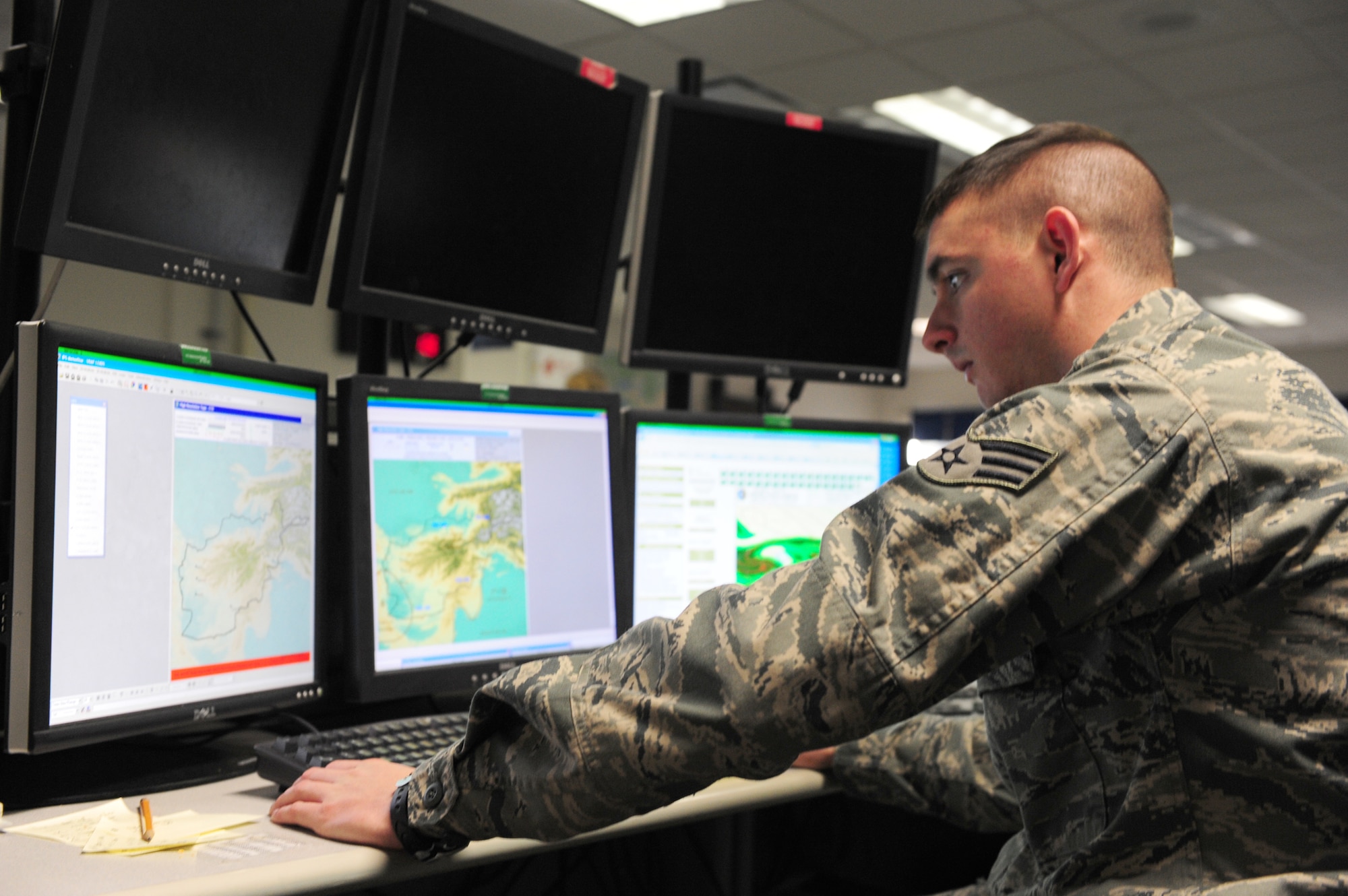 SHAW AIR FORCE BASE, S.C. -- Senior Airman Adam Miller, 28th Operational Weather Squadron weather forecaster, views weather patterns within the Middle East Jan. 26.  As a part of the new intelligence, surveillance and reconnaissance cell, observations are used to produce weather forecasts to assist mission planning for unmanned aerial vehicles. (U.S. Air Force photo/2nd Lt. Tony Richardson)