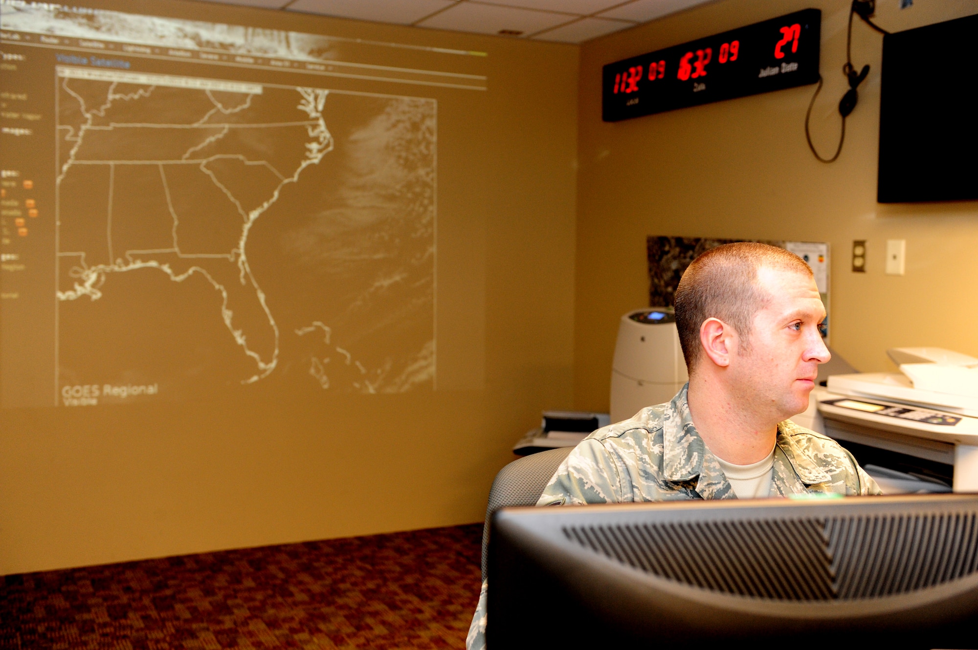 SHAW AIR FORCE BASE, S.C. -- Staff Sgt. Adam Salter, 20th Operations Support Squadron weather flight forecaster, prepares a weather mission briefing Jan. 27.  Embedded in the 55th Fighter Squadron, Sergeant Salter provides timely weather updates to assist mission planning for F-16 pilots. (U.S. Air Force photo/2nd Lt. Tony Richardson)
