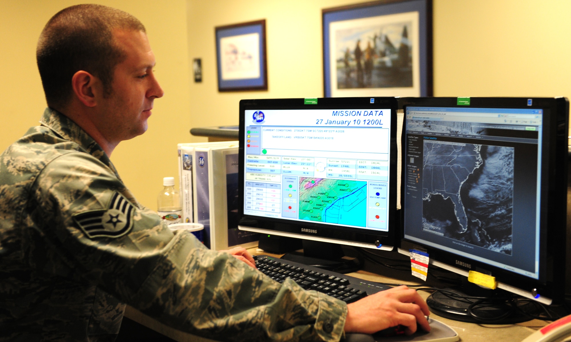 SHAW AIR FORCE BASE, S.C. -- Staff Sgt. Adam Salter, 20th Operations Support Squadron weather flight forecaster, prepares a weather mission briefing Jan. 27.  Embedded in the 55th Fighter Squadron, Sergeant Salter provides timely weather updates to assist mission planning for F-16 pilots. (U.S. Air Force photo/2nd Lt. Tony Richardson)