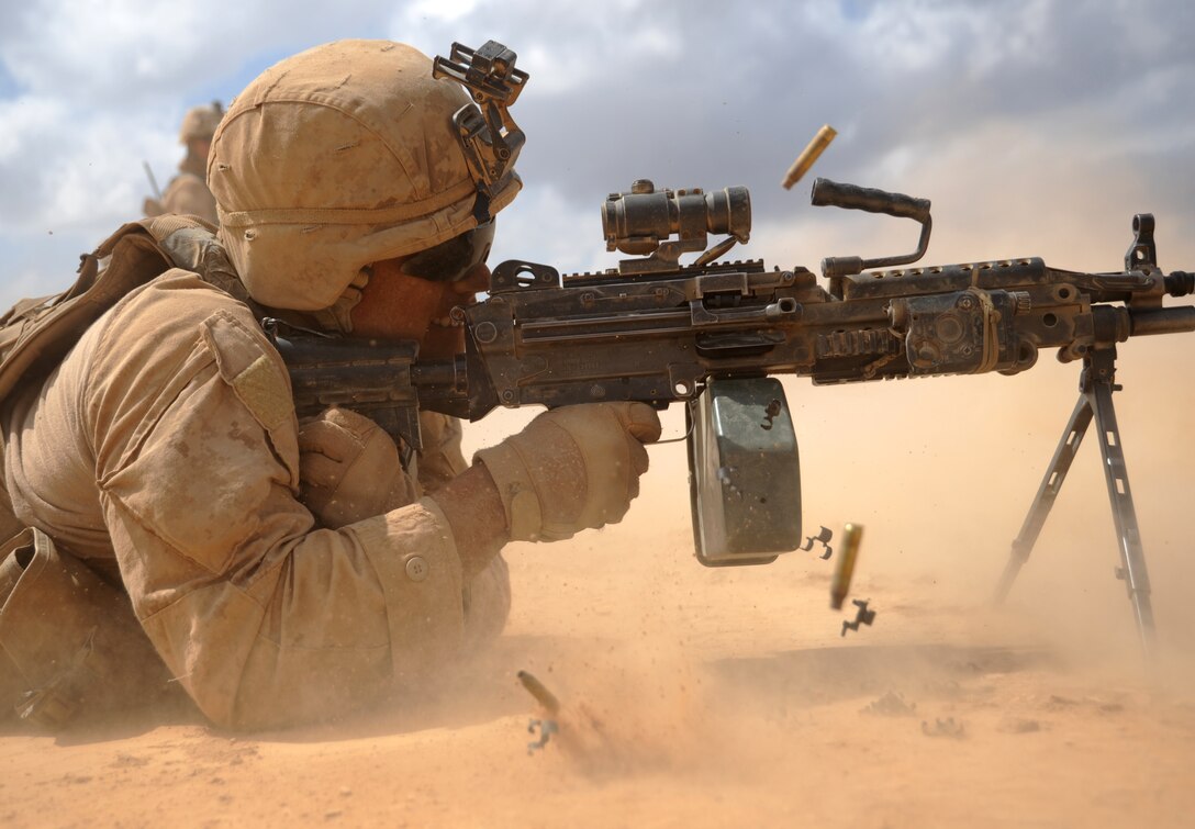 Lance Cpl. Luther Sackett, a rifleman from Rockyford, Co., engages targets during a live-fire and maneuver exercise here Jan. 29. Sackett, and other Marines with Light Armored Reconnaissance Platoon, Weapons Company, Battalion Landing Team 2/4, 11th Marine Expeditionary Unit, conducted live-fire weapons shoots and trained with the French Army Jan. 28-Feb. 5.