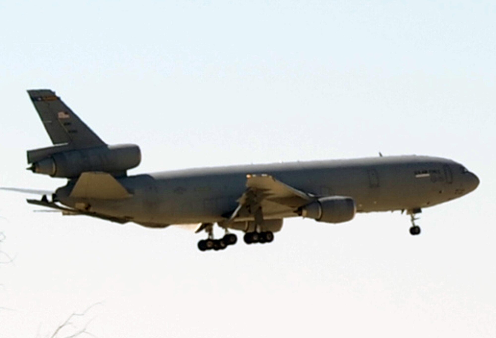 A KC-10 Extender comes in to land at a non-disclosed Southwest Asia base on Jan. 28, 2010, after completing a combat air refueling mission.  The KC-10 is assigned to the 908th Expeditionary Air Refueling Squadron of the 380th Air Expeditionary Wing. (U.S. Air Force Photo/Tech. Sgt. Scott T. Sturkol/Released)